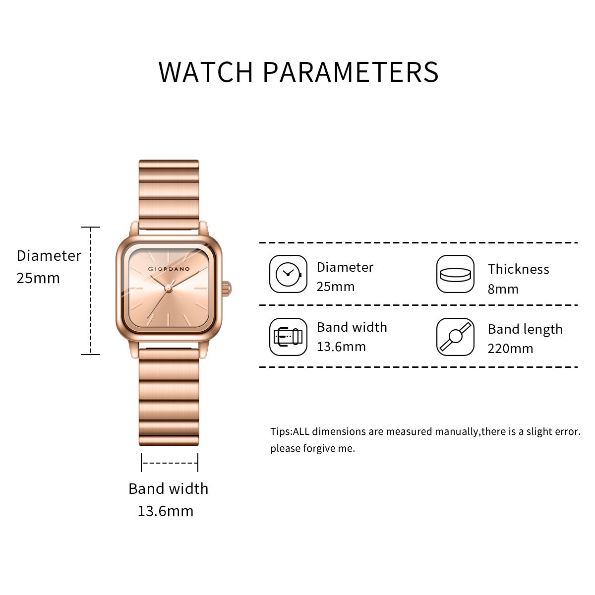 Giordano Classic Square Watch for Women – Polished Stainless Steel Strap, Minimalist Compact Design | GZ-60098-77