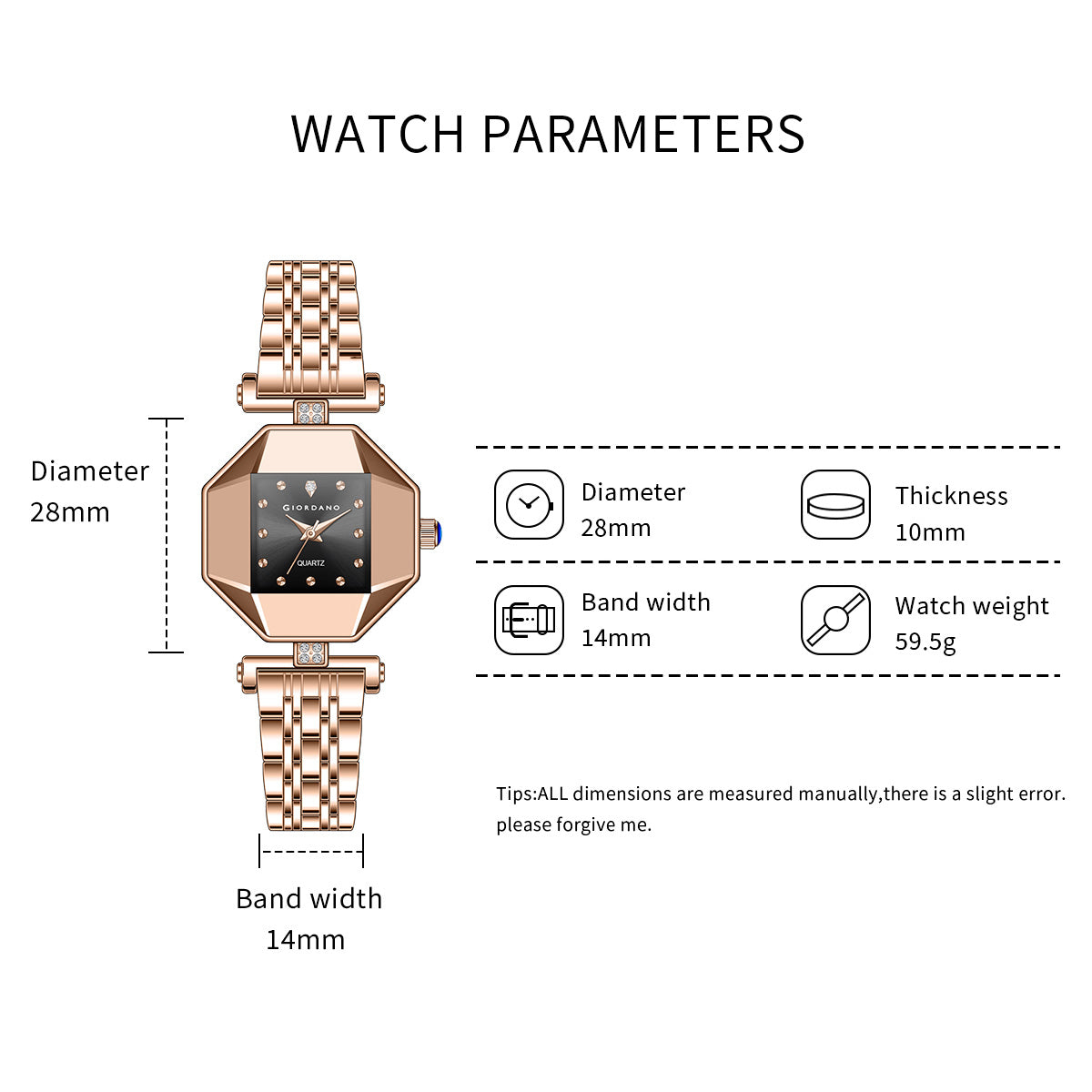 Giordano Dress Watch for Women – Rose Gold Finish, Diamond Accented Octagonal Dial & Stainless Steel Strap | GZ-60096-11