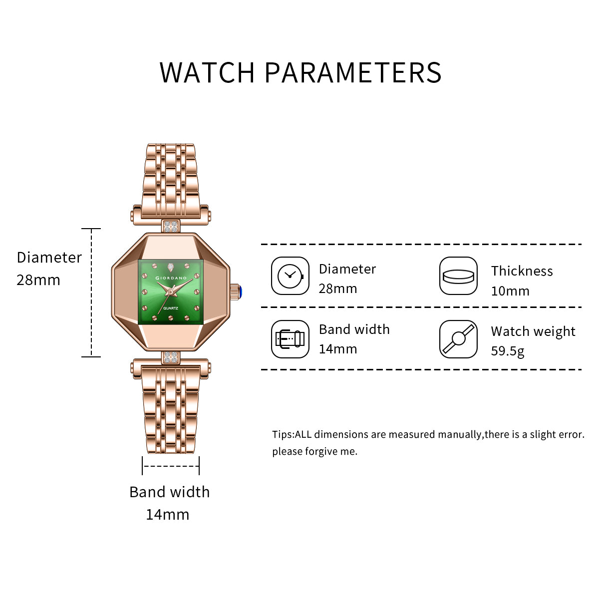 Giordano Dress Watch for Women – Rose Gold Finish, Diamond Accented Octagonal Dial & Stainless Steel Strap | GZ-60096-33