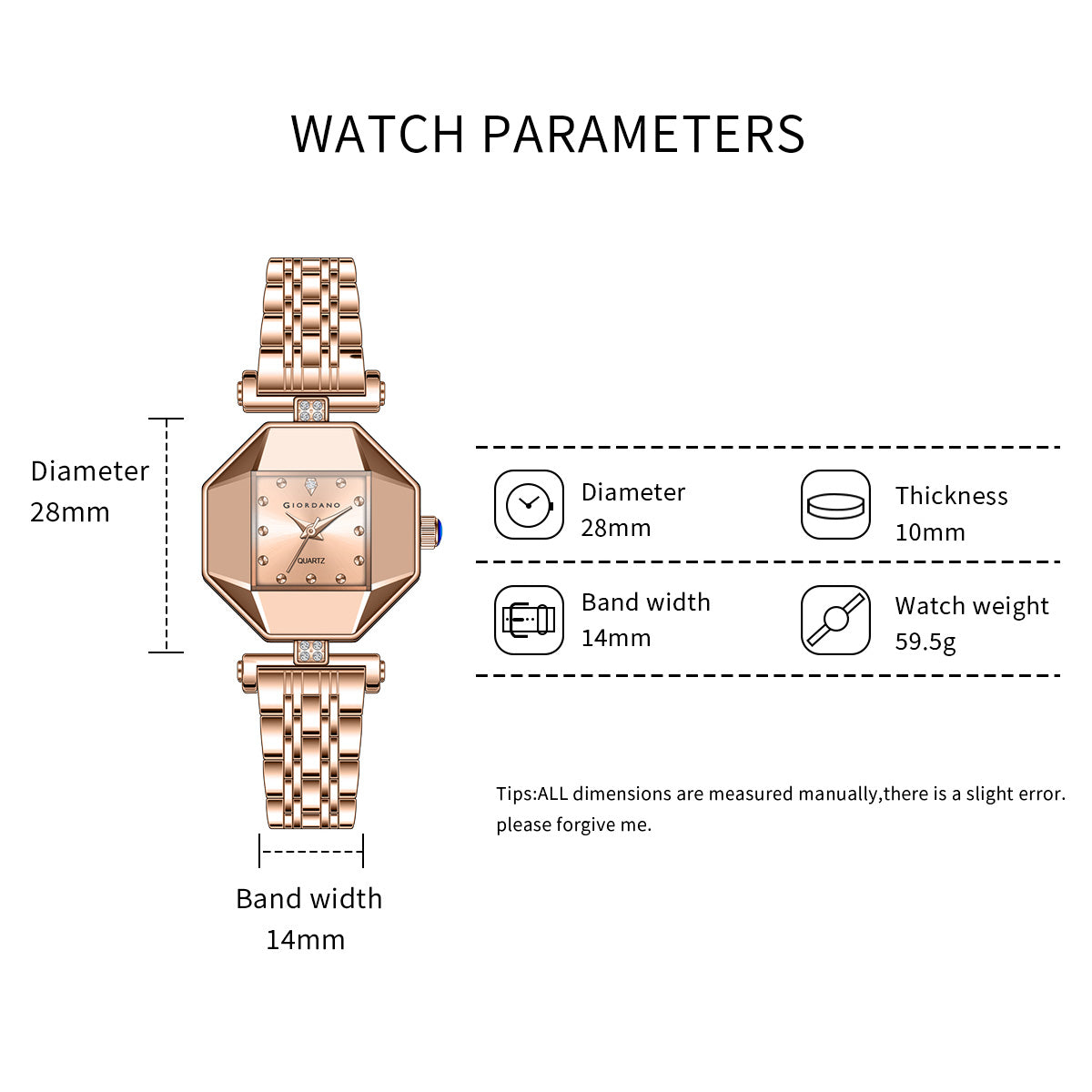 Giordano Dress Watch for Women – Rose Gold Finish, Diamond Accented Octagonal Dial & Stainless Steel Strap | GZ-60096-22
