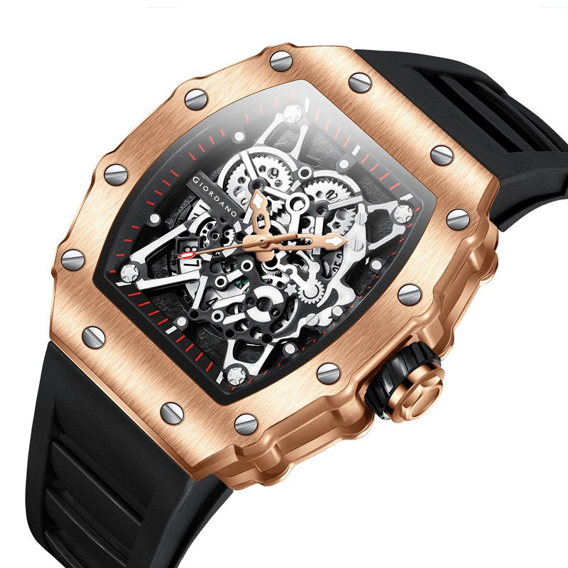 Giordano Analog Watch for Men - Skeleton-Style Dial | Brushed Steel Case with Silicone Strap | GZ-50127-03