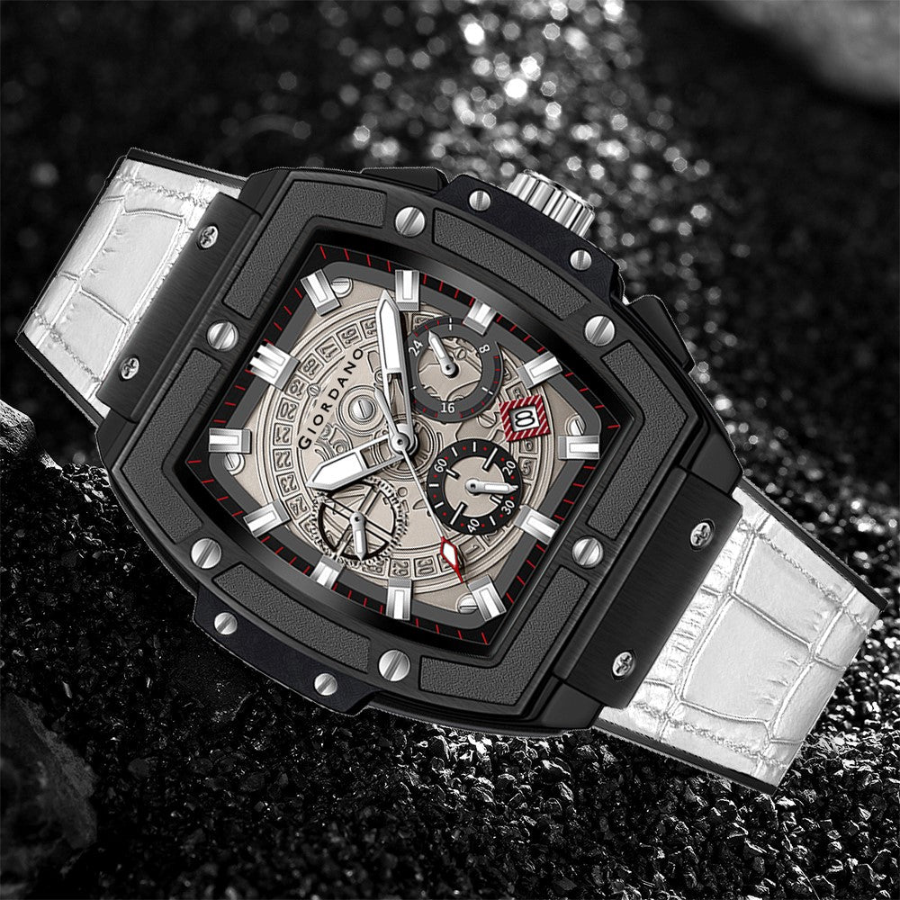 Giordano Terminator White Leather Multifunction Watch for men - with Day, Date, and 24-Hour Sub-Dials | Water Resistant Square Dial Unique Design Wrist Watch for Man | GZ-50098-06