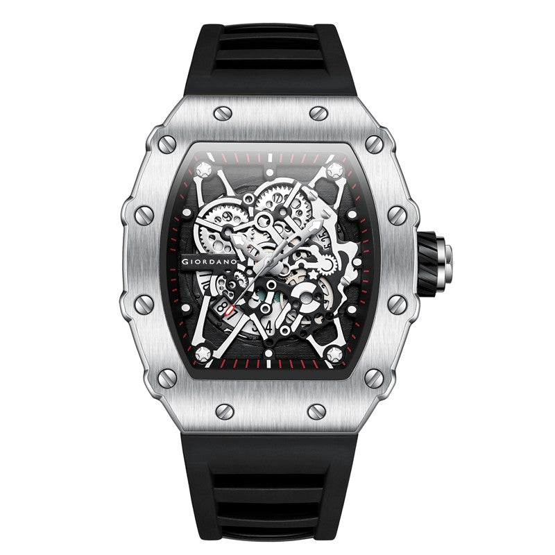 Giordano Analog Watch for Men - Skeleton-Style Dial | Brushed Steel Case with Silicone Strap | GZ-50127-02