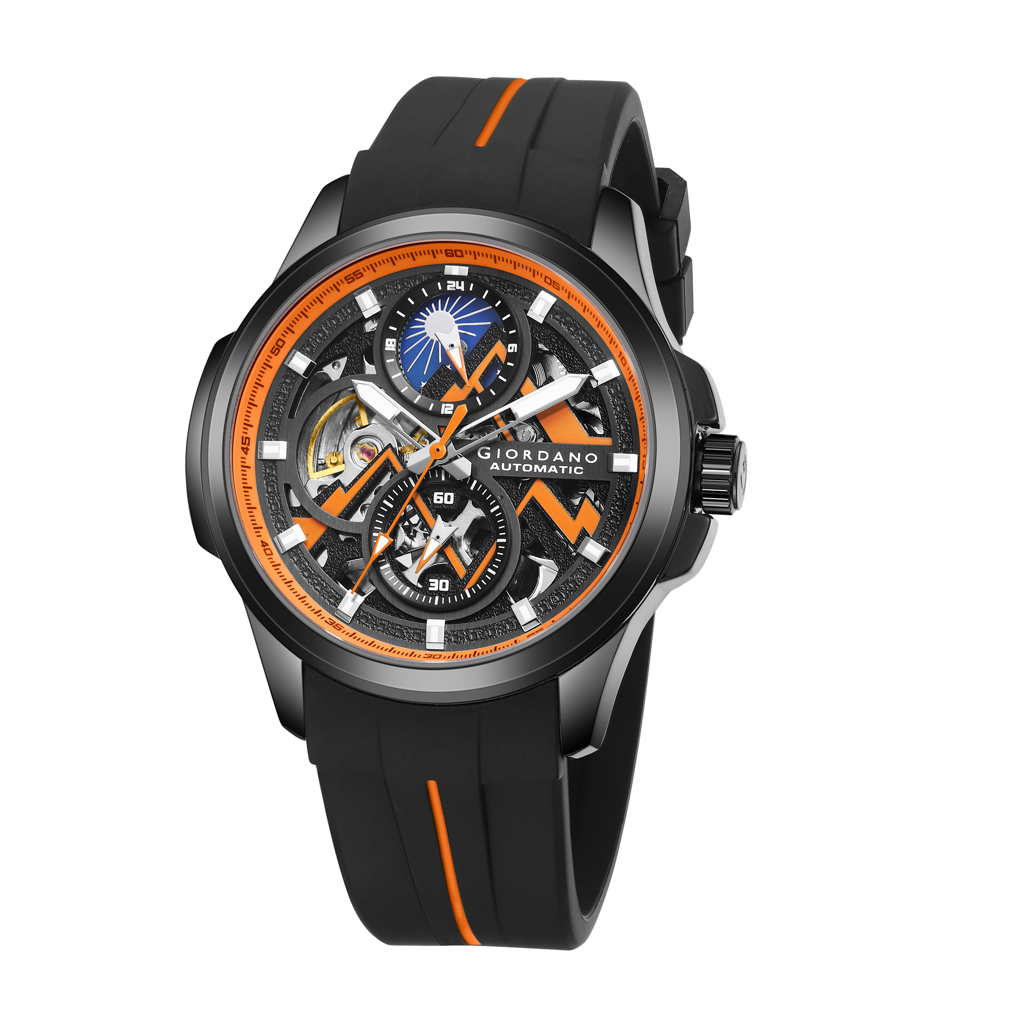 Giordano Automatic Mechanical Skeleton Watch for Men with Black Round Dial, 24-Hour Display, Luminous Hands and Baton Hour Markers and Black Silicone Strap - GZ-50235-01