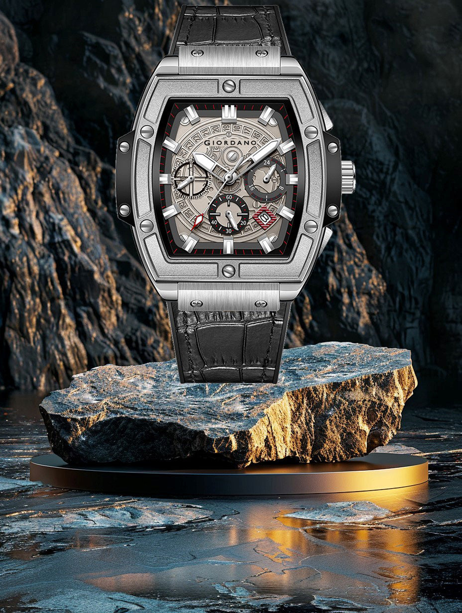 Giordano Terminator Grey Leather Multifunction Watch for men - with Day, Date, and 24-Hour Sub-Dials | Water Resistant Square Dial Unique Design Wrist Watch for Man | GZ-50098-07