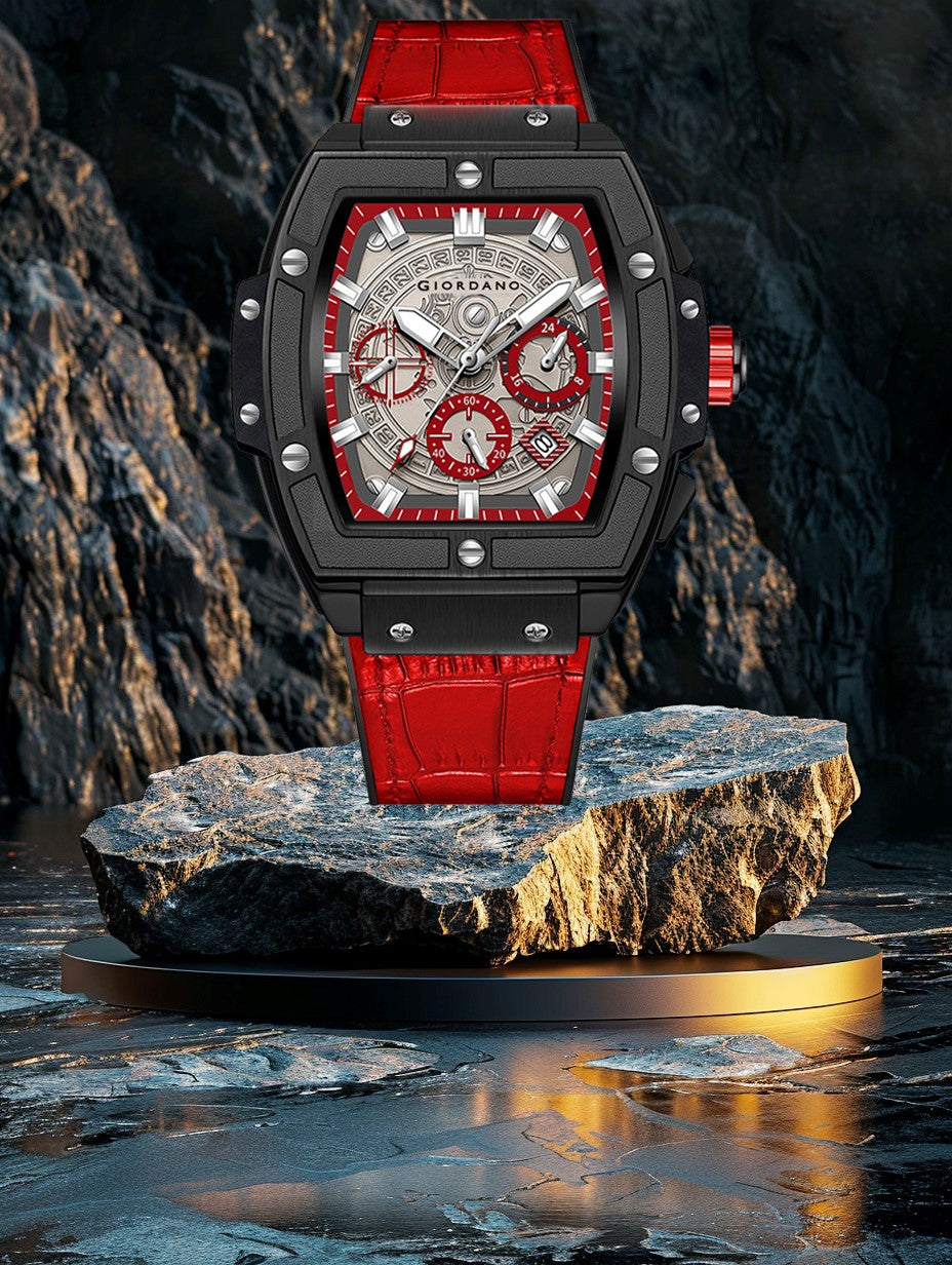 Giordano Terminator Red Leather Multifunction Watch for men - with Day, Date, and 24-Hour Sub-Dials | Water Resistant Square Dial Unique Design Wrist Watch for Man | GZ-50098-04