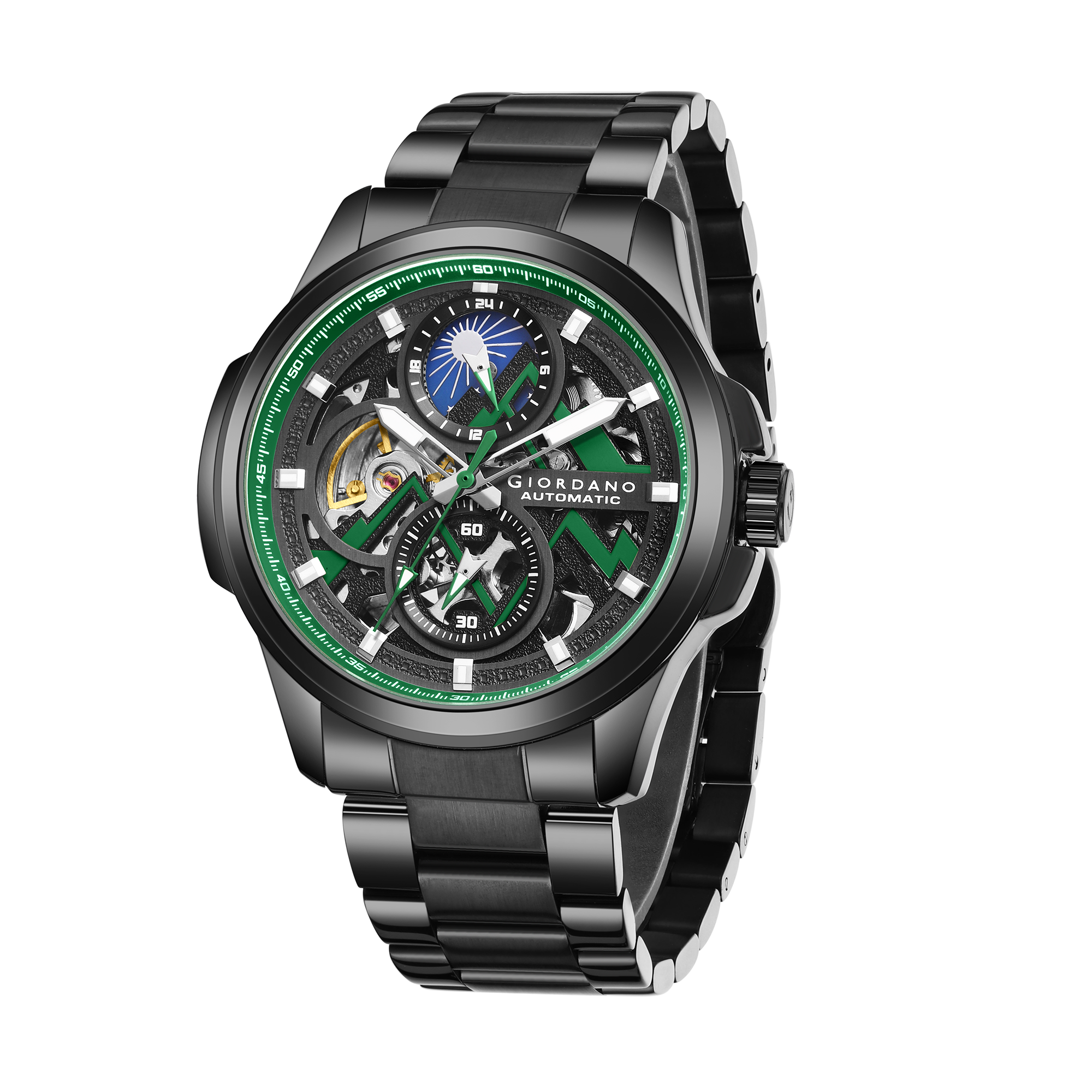 Giordano Automatic Mechanical Skeleton Watch for Men with Black Round Dial, 24-Hour Display, Luminous Hands and Baton Hour Markers and Black Stainless Steel Strap - GZ-50235-11