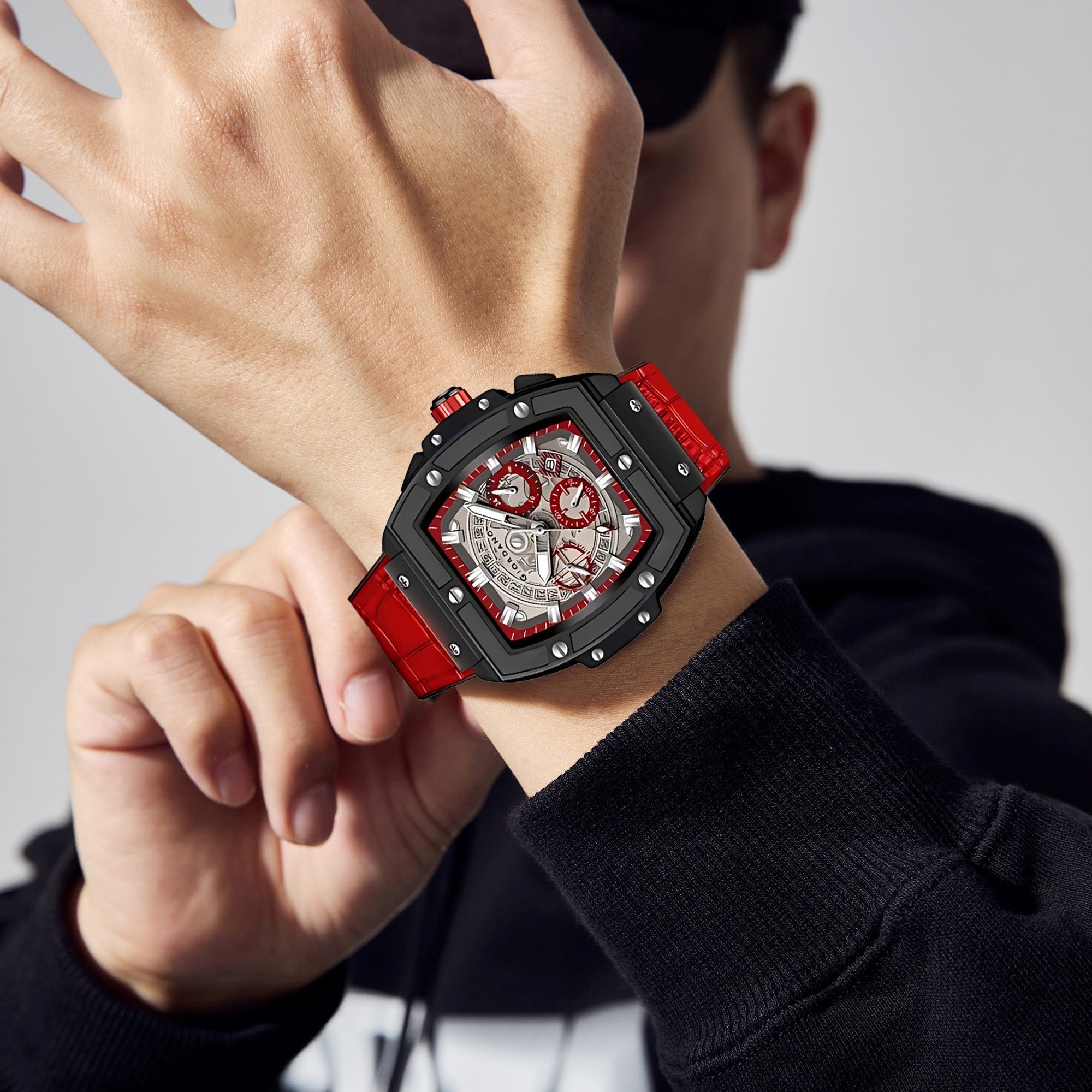 Giordano Terminator Red Leather Multifunction Watch for men - with Day, Date, and 24-Hour Sub-Dials | Water Resistant Square Dial Unique Design Wrist Watch for Man | GZ-50098-04