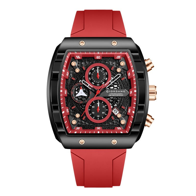 Giordano Red Square Dial Multifuncational Watch for Men with Stylish Design, Waterproof, Date Display & Silicone Strap GZ-50123-03