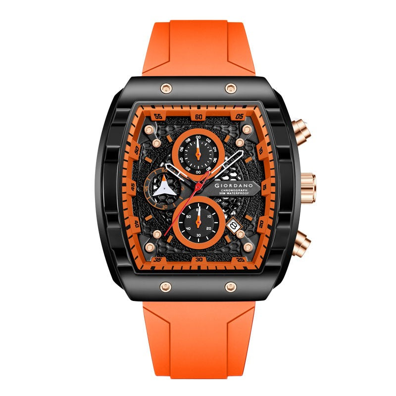 पुरुषों के लिए जियोर्डानो ऑरेंज स्क्वायर डायल मल्टीफ़ंक्शनल वॉच आकर्षक डिज़ाइन, वॉटरप्रूफ, डेट डिस्प्ले और सिलिकॉन स्ट्रैप GZ-50123-02 के साथ