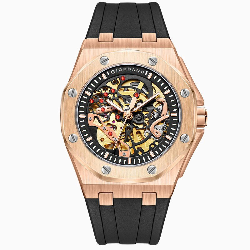 Giordano Automatic Watch for Men – Mechanical Skeleton Dial,Transparent Gear Display, Silicon Strap | GZ-50129-02