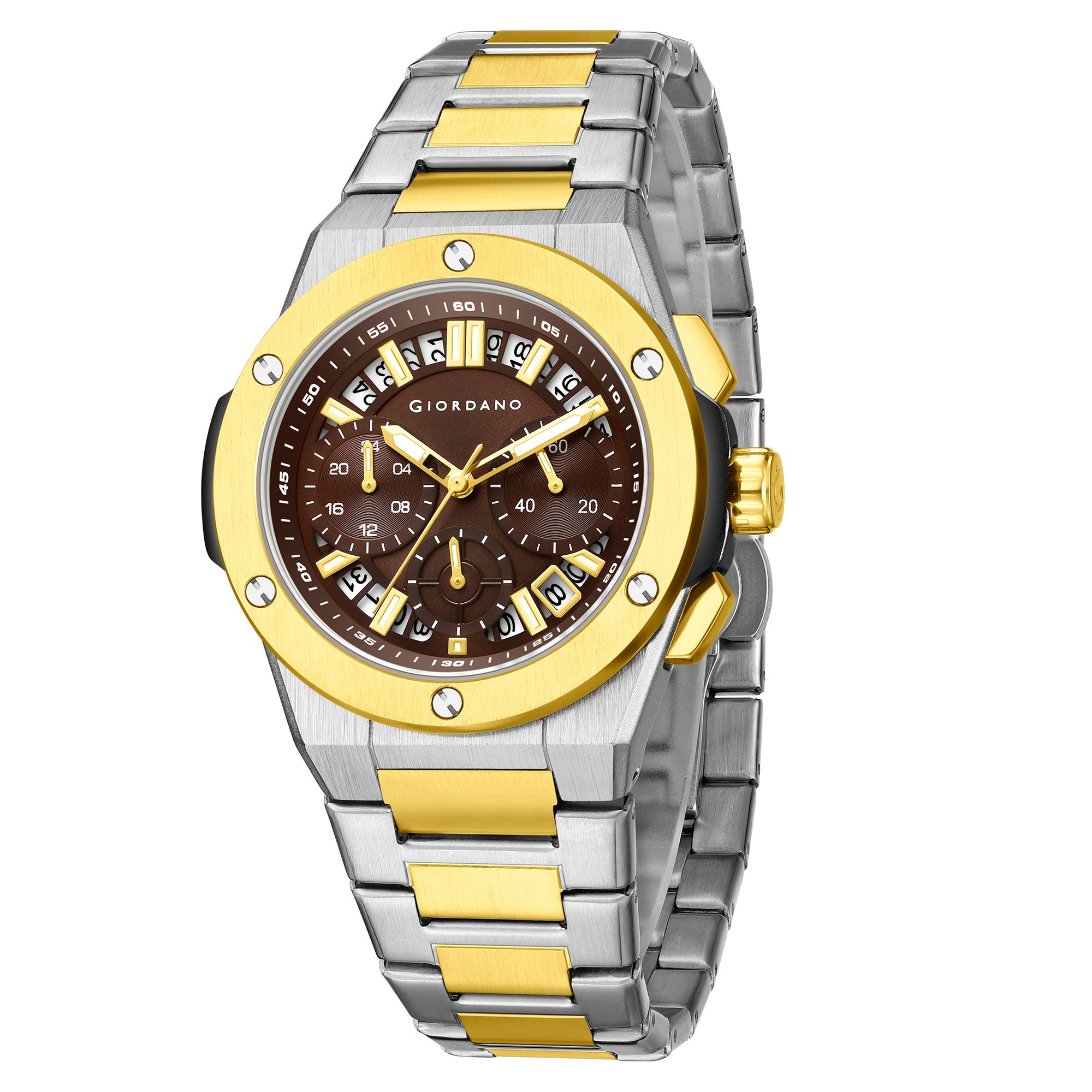 Giordano Chronograph Analog Quartz Watch for Men with Round Brown Dial, Date Function, Luminous Hands and Markers, Silver and Gold Stainless Steel Strap - GZ-50200-33