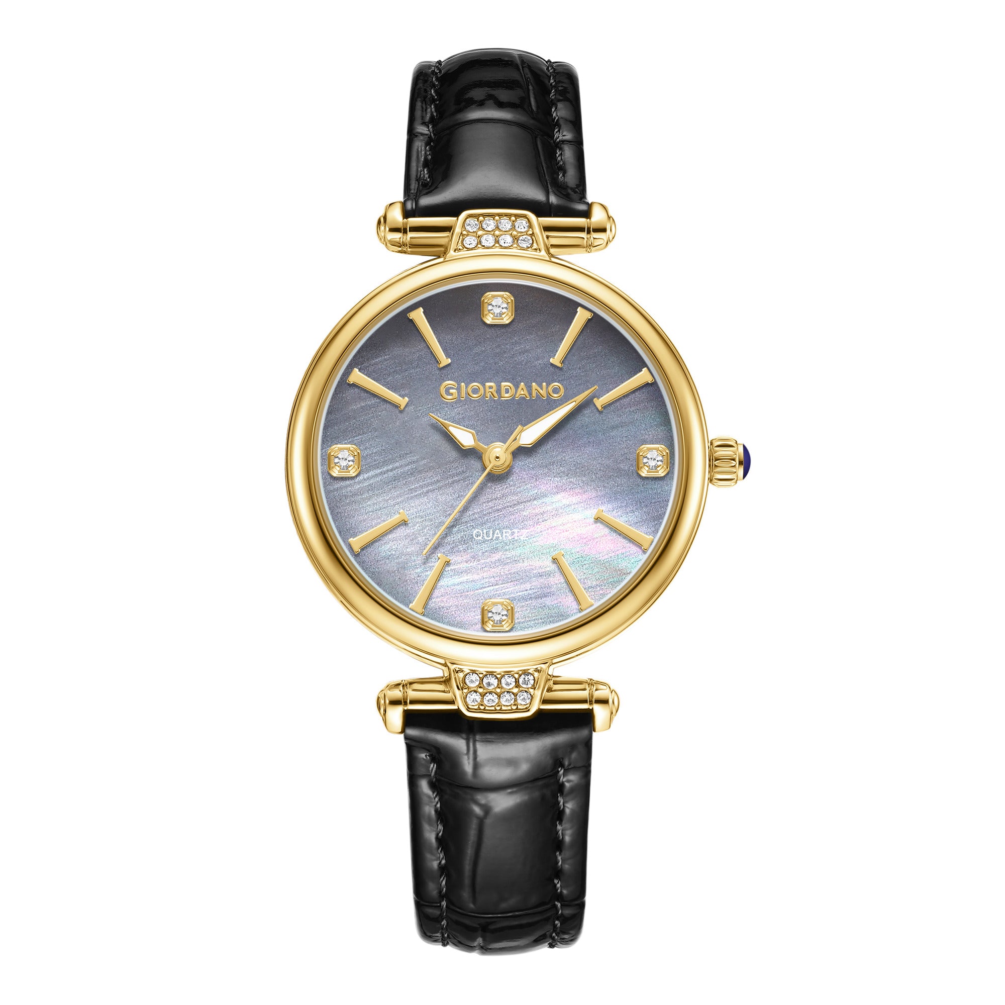 Giordano Analog Quartz Watch for Women with sunray Round Grey Dial, Blue Crown, Luminos hands and Crystal hour markers, Black Leather Strap - GZ-60161-01