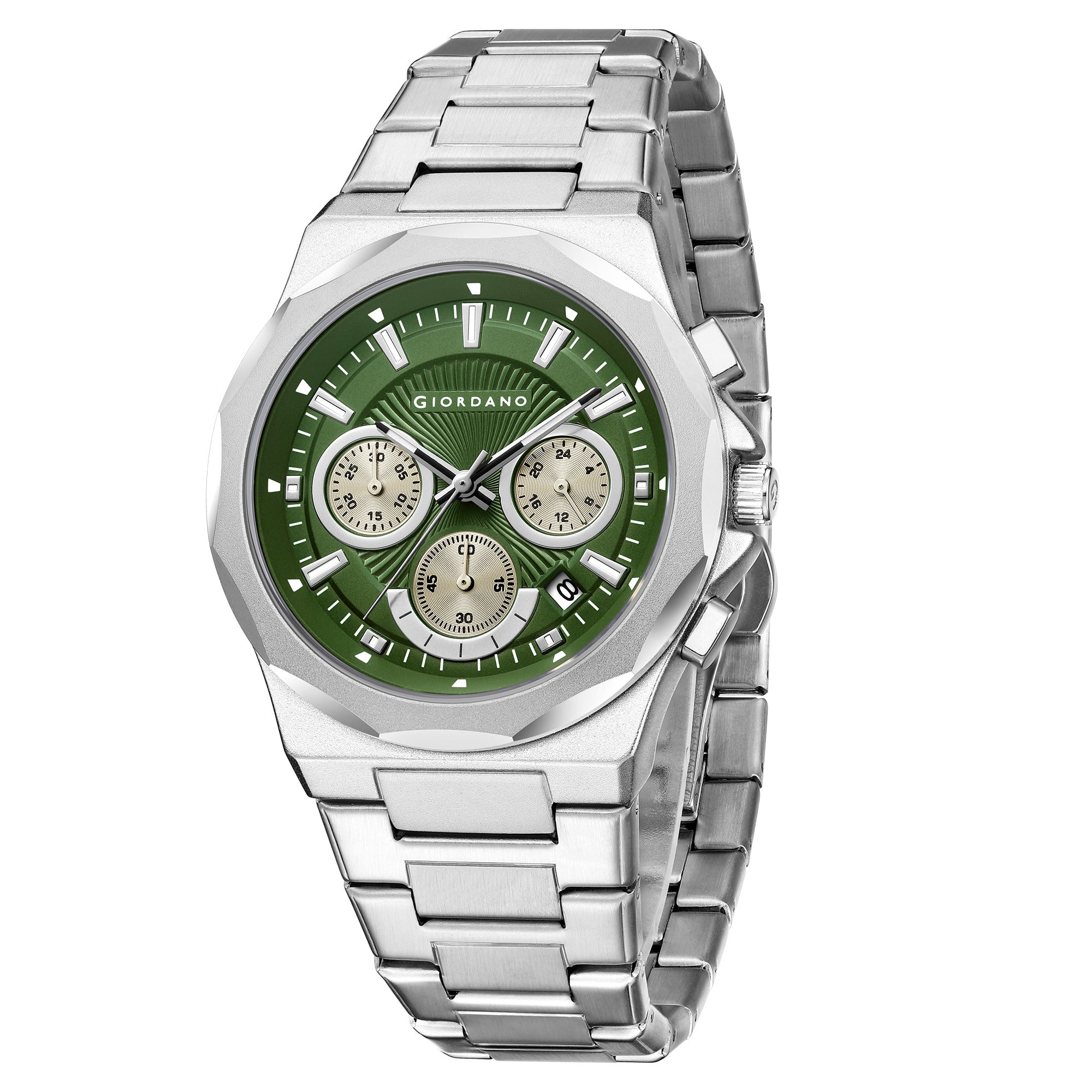 Giordano Chronograph Analog Quartz Watch for Men with Textured Round Green Dial, Date Function, Luminous Hands and Markers, Silver Stainless Steel Strap - GZ-50199-33