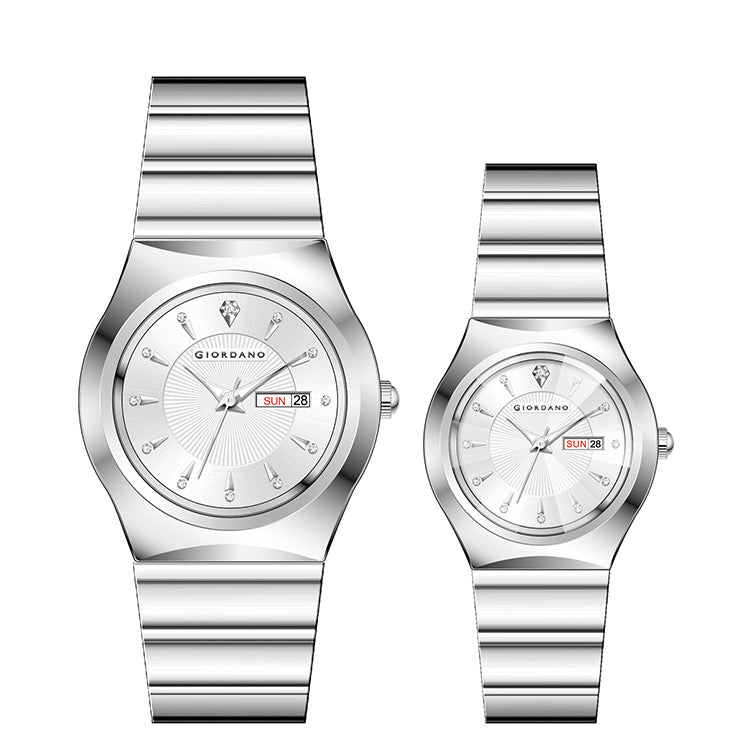 Giordano Analog Pair Watch For Unisex With Round Dial, Crystal Indices , Date Display And Stainless Steel Strap GZ-990-SET-33