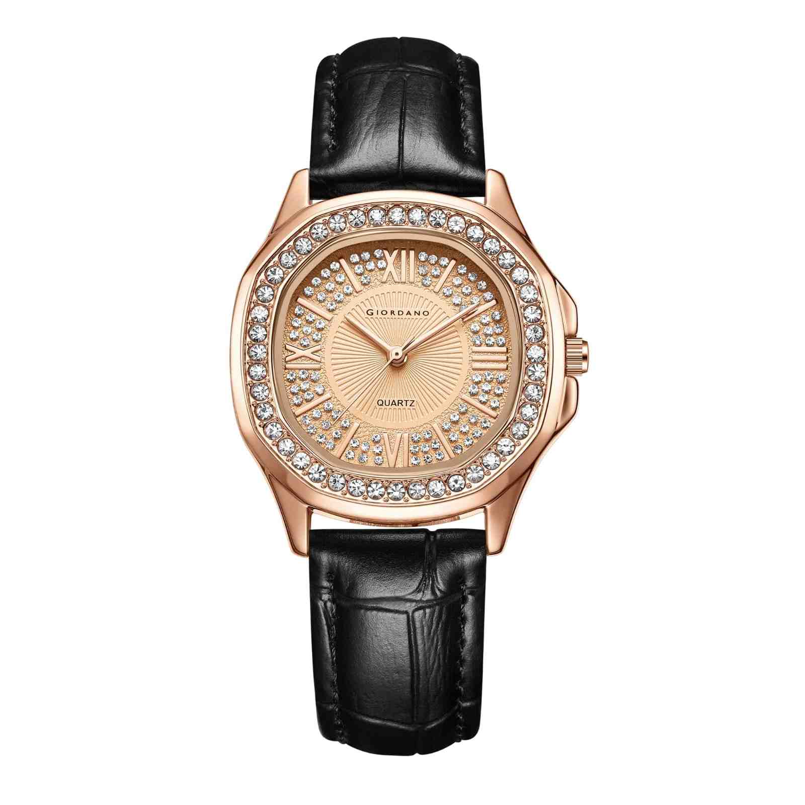 Giordano Luxury Analog Watch for Women with Crystal-Studded Bezel & Leather Strap – Octagonal Case, Elegant Quartz Wristwatch GZ-60141-11