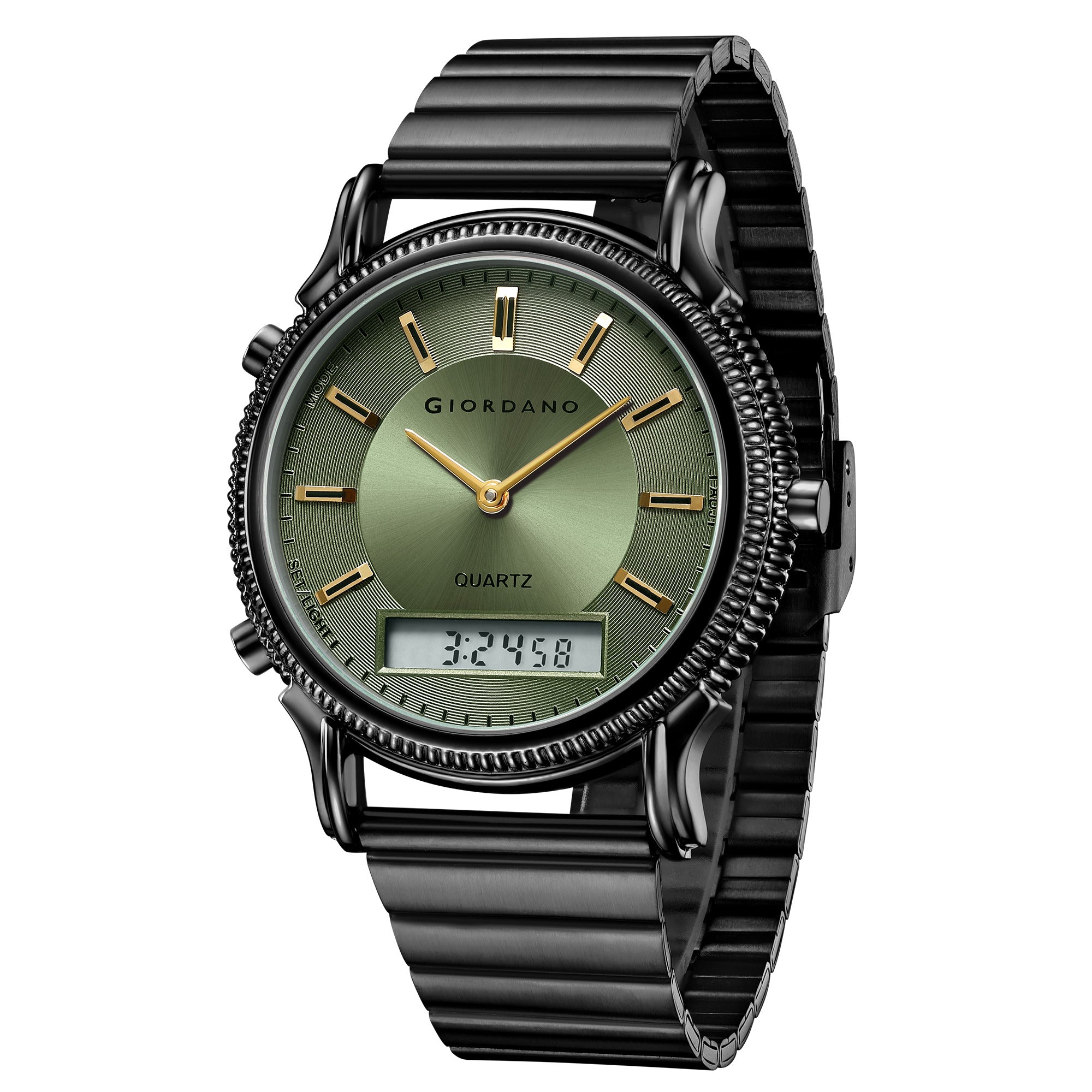 Giordano Analog-Digital Watch for Men - Round Green Dial with Dual Display, Quartz Movement and Black Stainless Steel Strap - GZ-50209-33