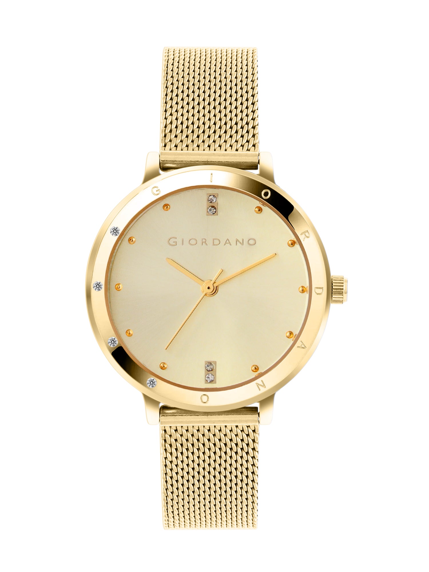 Giordano Analog Watch for Women with Round Gold Sunray Dial, Crystal Studded Bezel, Quartz Movement and Gold Stainless Steel Mesh Strap A2085-44