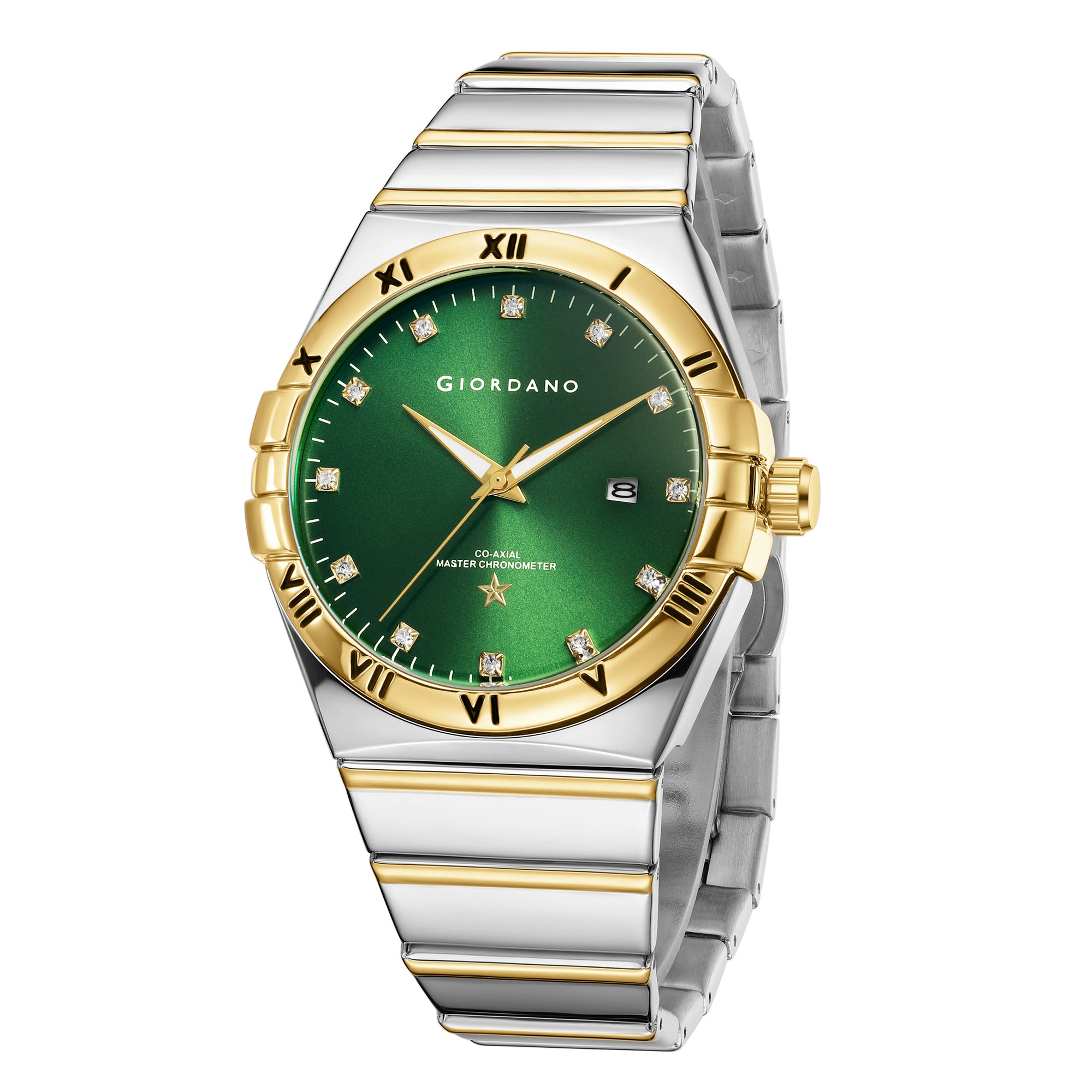 Giordano Analog Watch for Men Round Green Dial with Crystal Markers, Roman Bezel, Date Display & Stainless Steel Strap GZ-50220-33