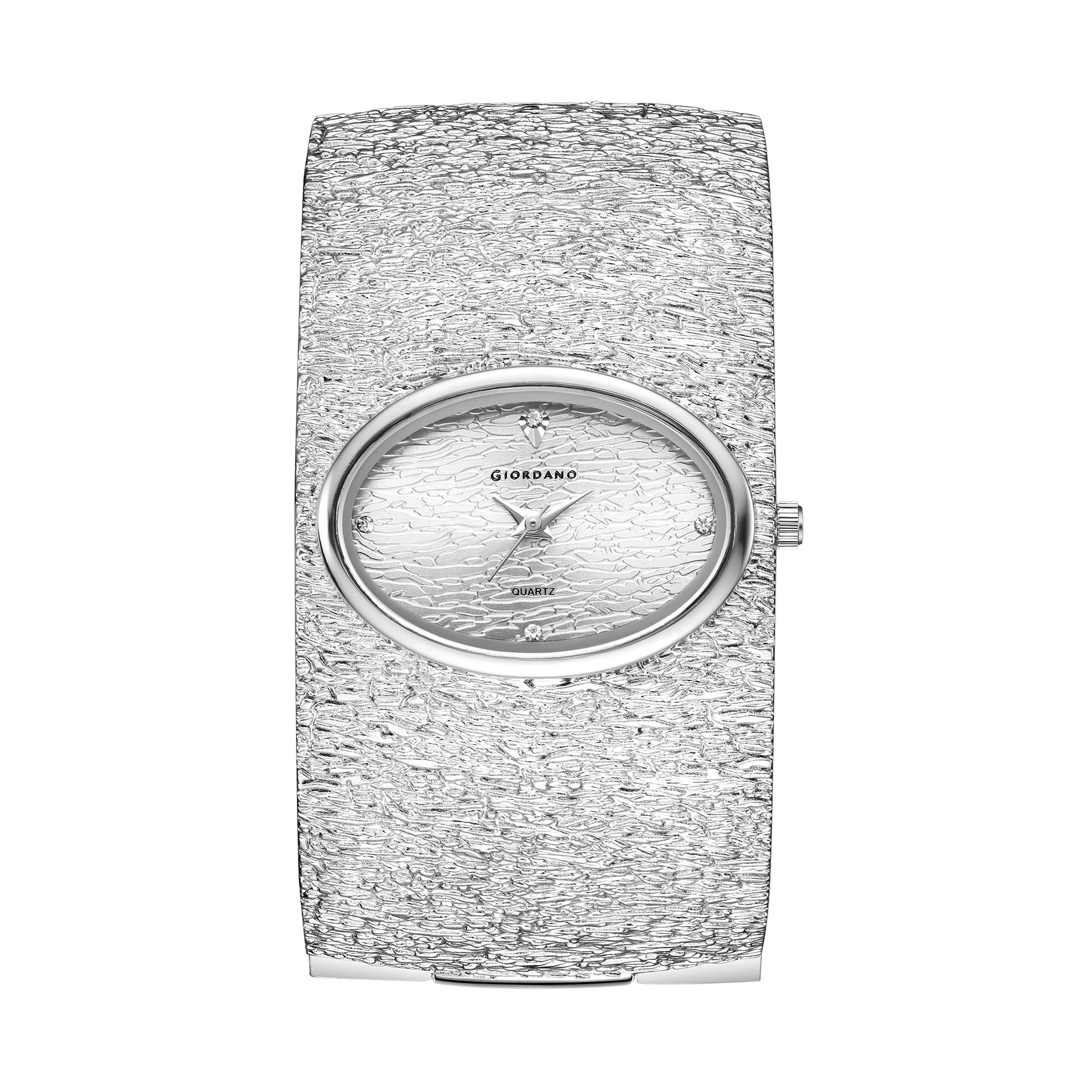 Giordano Analog Quartz Watch for Women with Oval Silver Textured Dial, Crystal Hour Markers, Stainless Steel Bangle Strap - GZ-60171-11