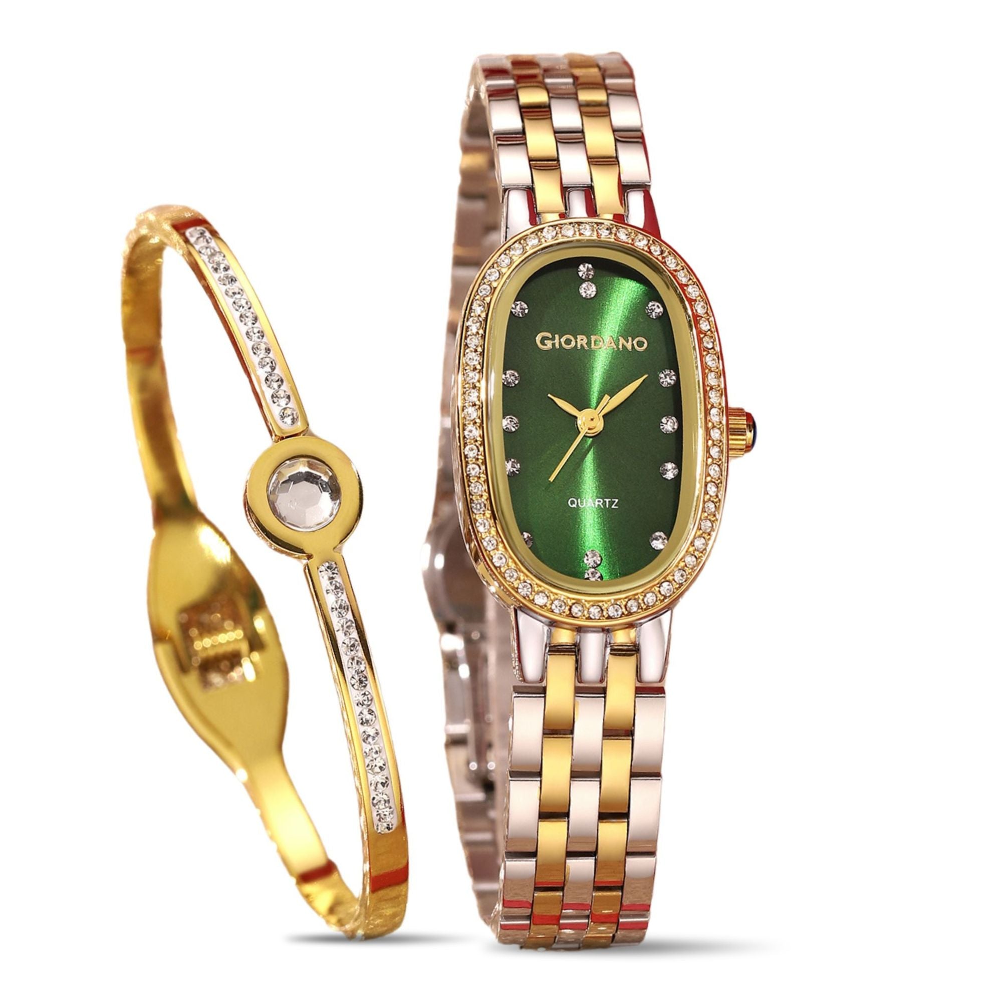 Giordano Analog Quartz Watch for Women with Bangle Oval Green Dial, Blue Crown, Crystal Studded Hour Markers and Bezel, Silver and Gold Stainless Steel Strap - GZ-60153-33