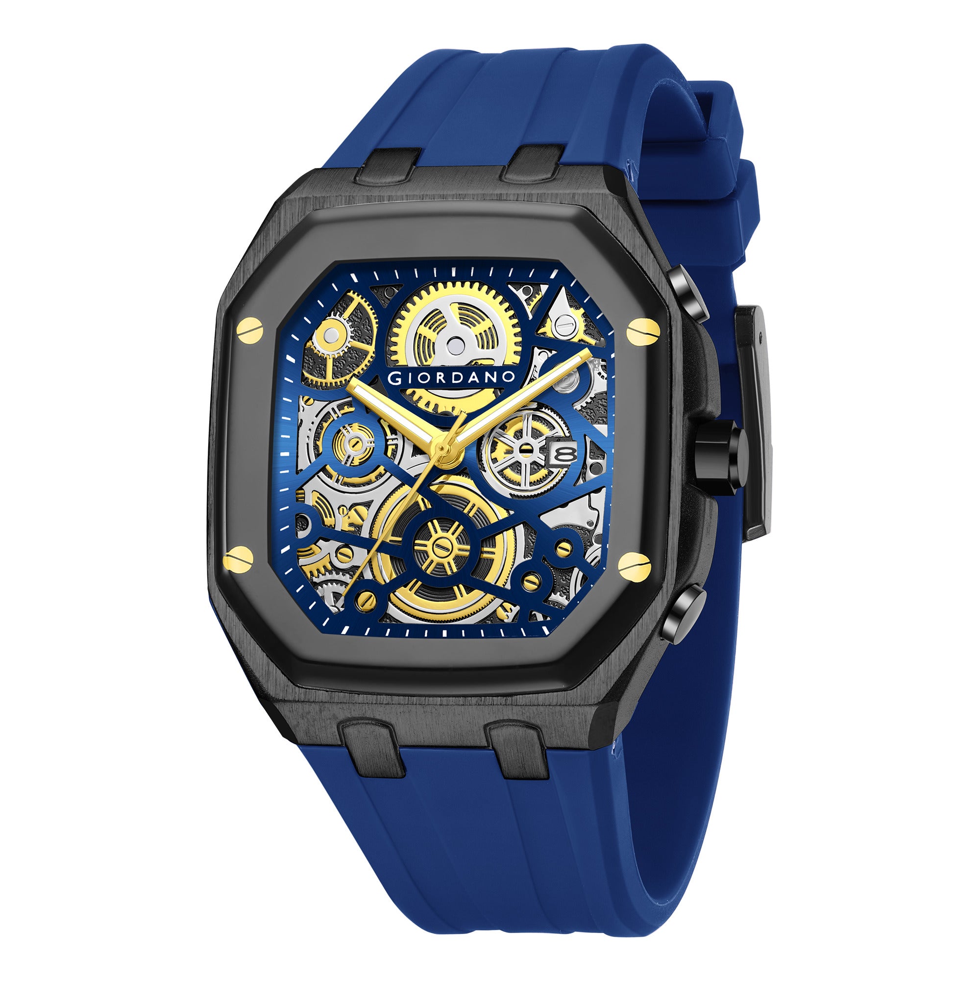 Giordano Skeleton Dial Analog Watch for Men – Black Tone Case, Blue Silicone Strap, Date Display & Transparent Mechanical Design GZ-50221-04