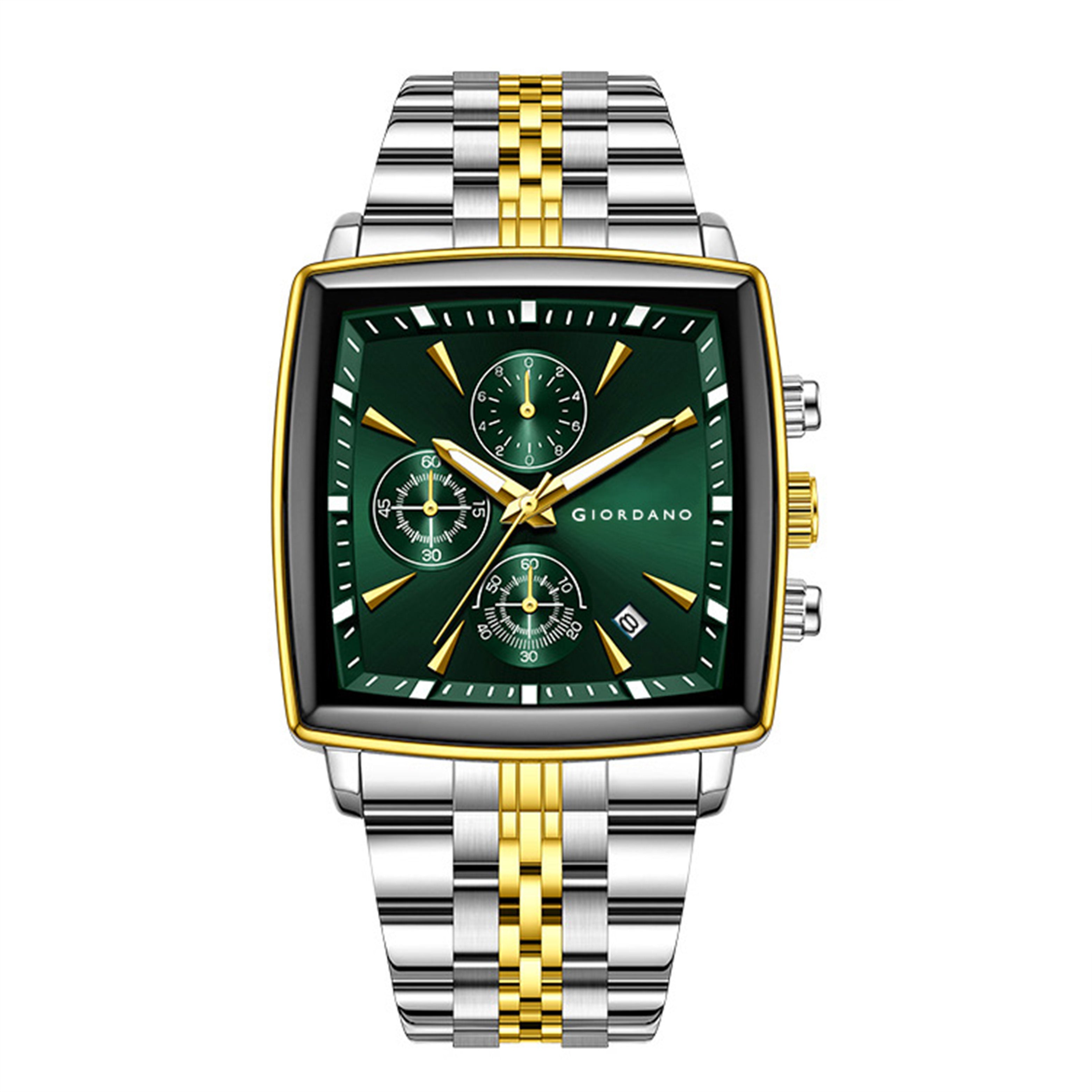 Giordano Multi Function Watch For Men With Square Green Dial, Stainless Steel Strap And Date Display GZ-50138-55