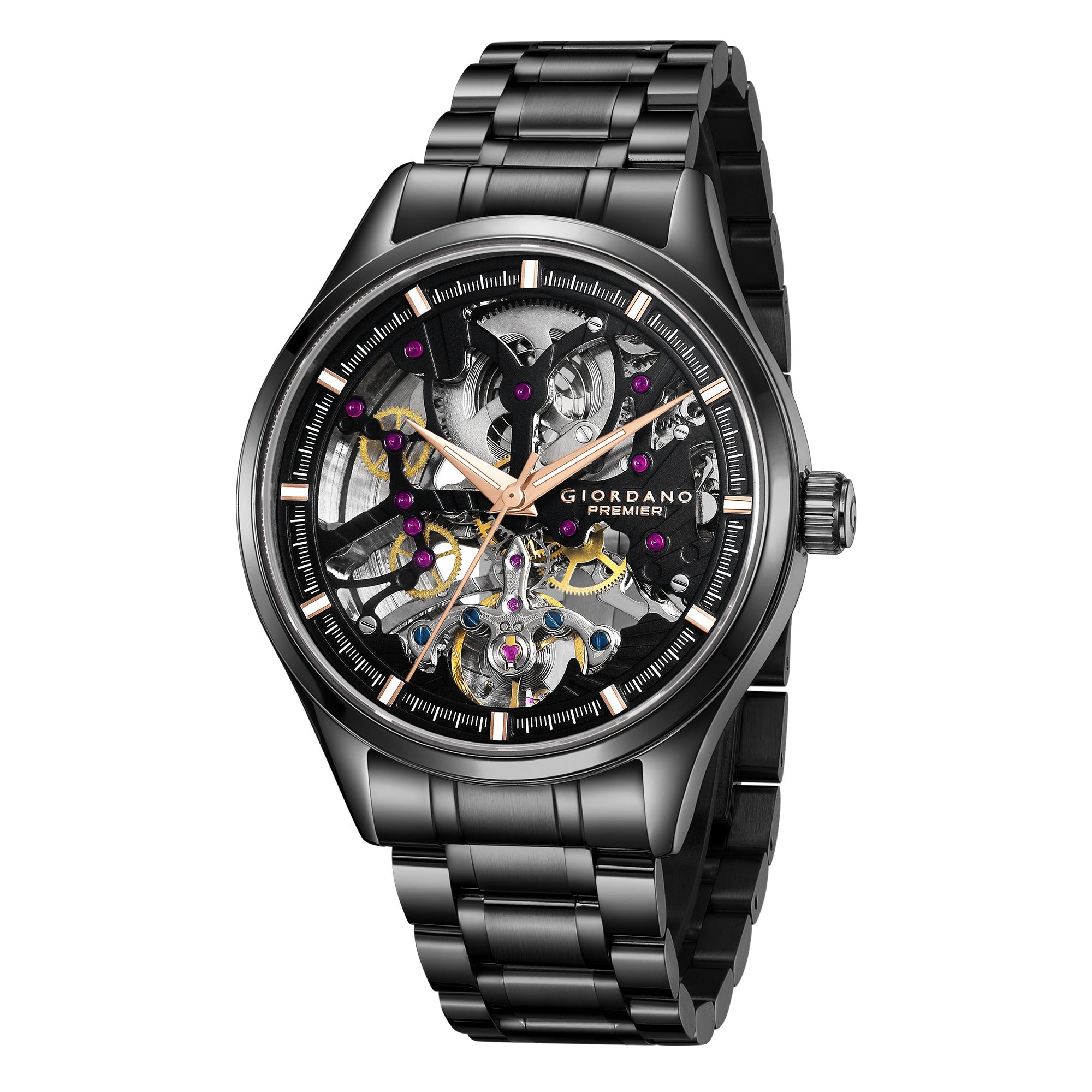 Giordano Automatic Watch for Men with Skeleton Round Black Dial, Luminous Hands and Markers, Black Stainless Steel Strap - GZ-50225-11