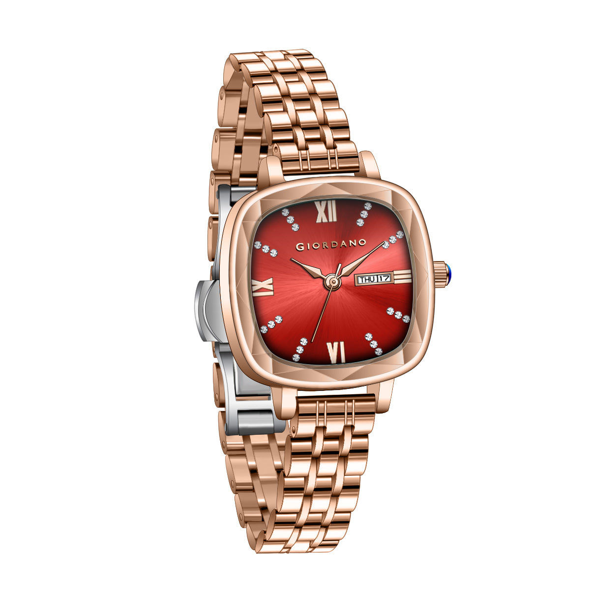 Giordano Elegant Square Watch for Women – ক্রিস্টাল ও রোমান আওয়ার মার্কার, ডে-ডেট ডিসপ্লে, স্টেইনলেস স্টিল স্ট্র্যাপ | GZ-60097-44