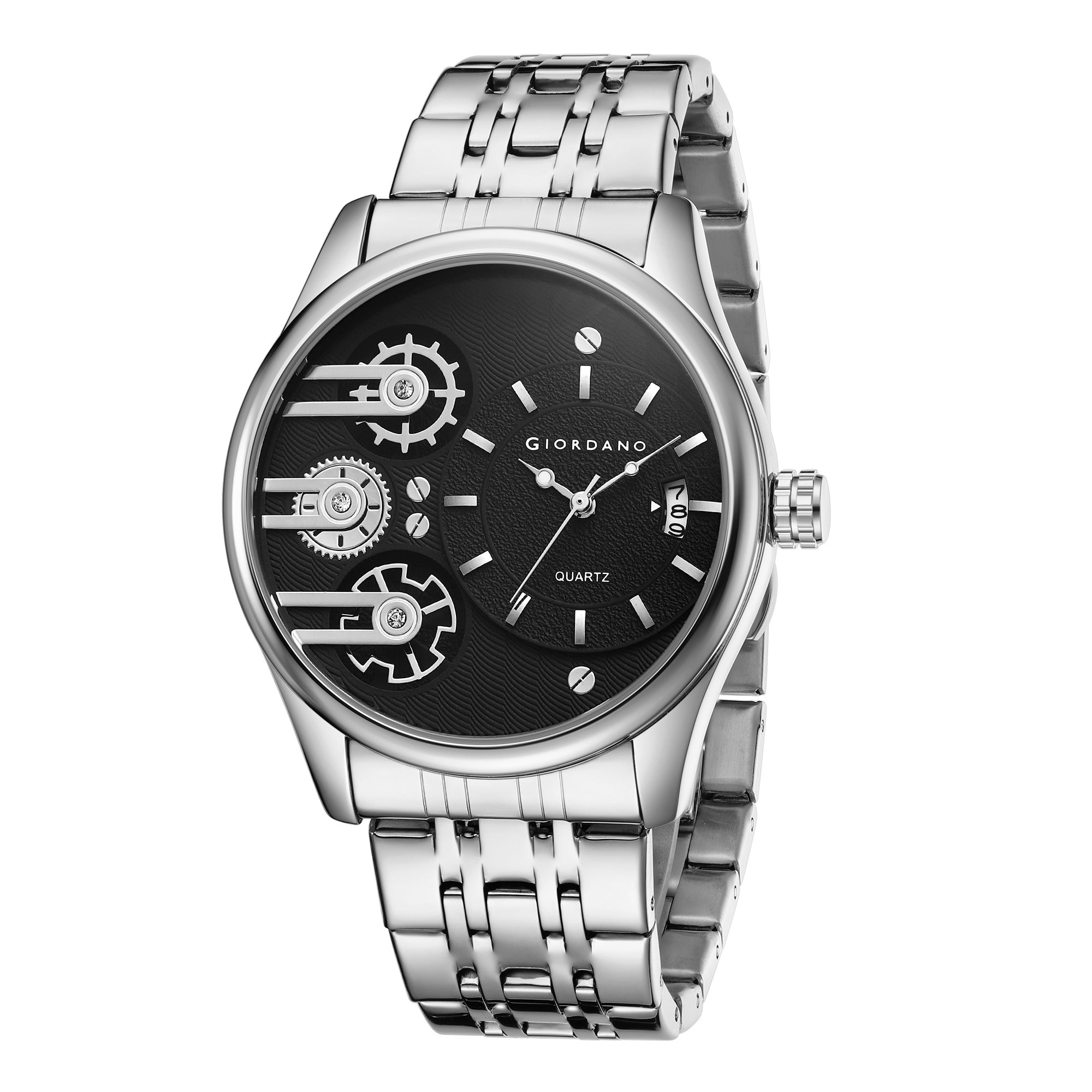 Giordano Analog Watch for Men with Round Black Dial, Gear-Inspired Design, Date Display & Stainless Steel Strap GZ-50222-11