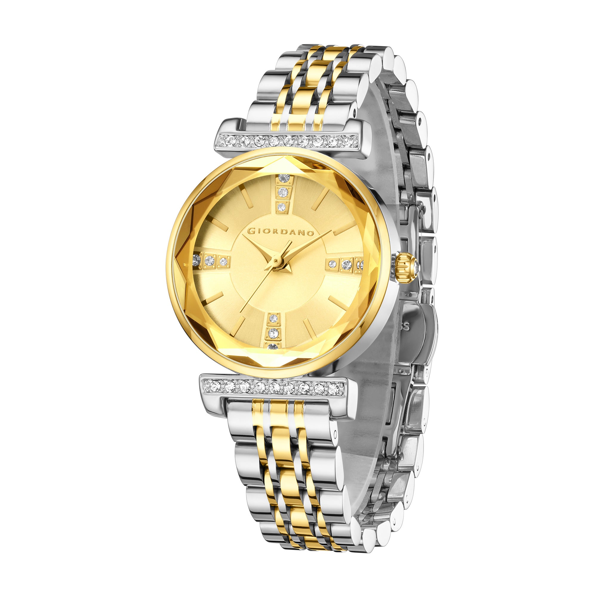 Giordano Analog Quartz Watch for Women with Gold Round Sunray Dial, Crystal Hour Markers, Crystal-Studded Bezel and Gold & Silver Two-Tone Stainless Steel Strap - GZ-60084-66