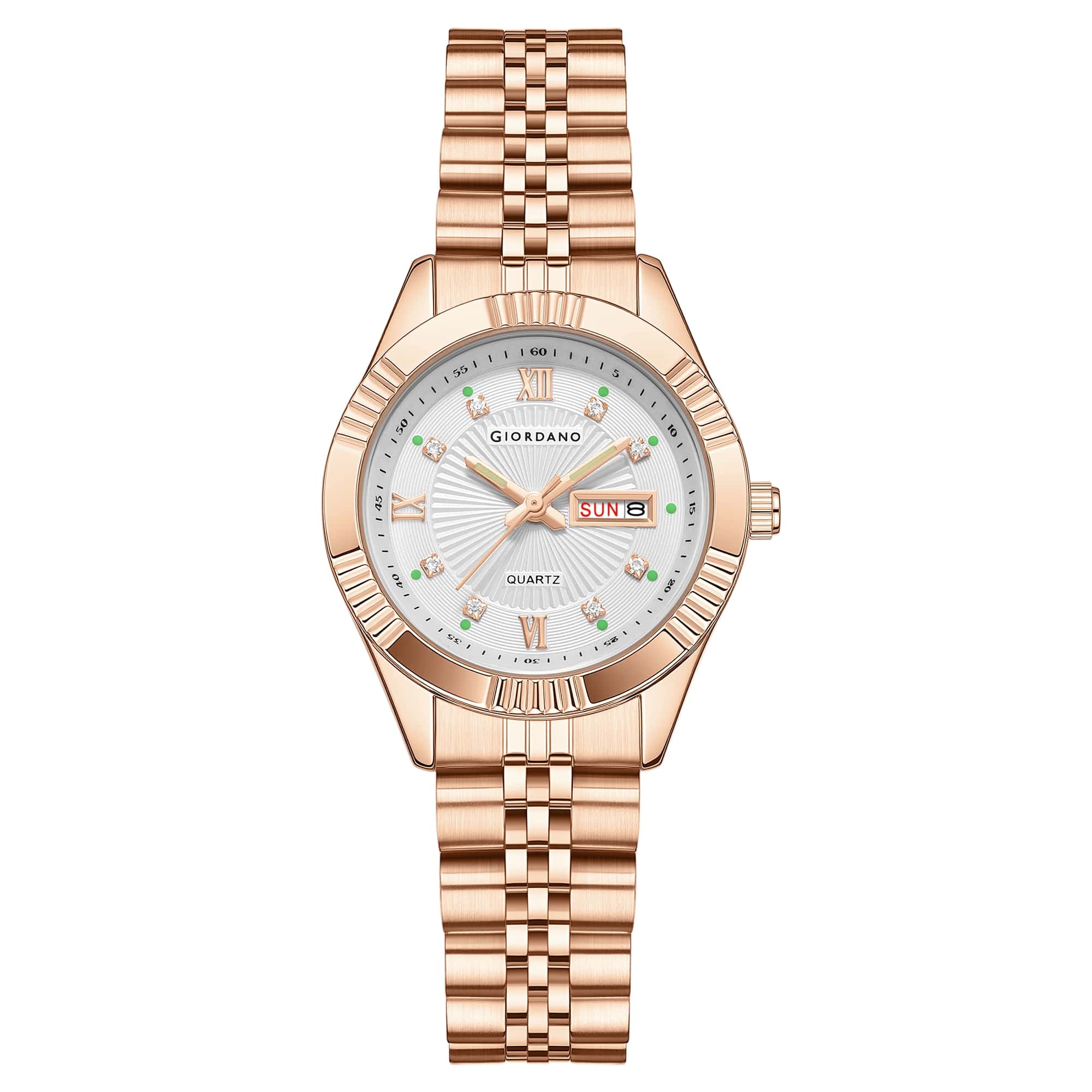 Giordano Analog Quartz Watch for Women with Day & Date Display, Textured Dial, Diamond Hour Markers, Roman Numerals Stainless Steel Strap - GZ-60172-55