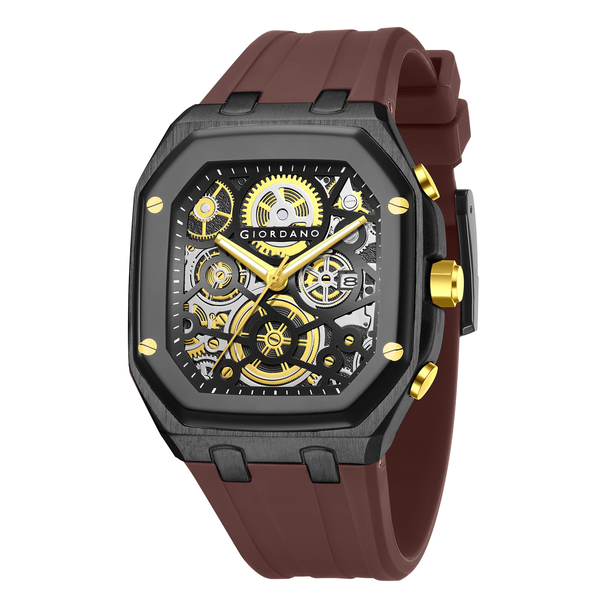 Giordano Skeleton Dial Analog Watch for Men – Black Tone Case, Brown Silicone Strap, Date Display & Transparent Mechanical Design GZ-50221-06