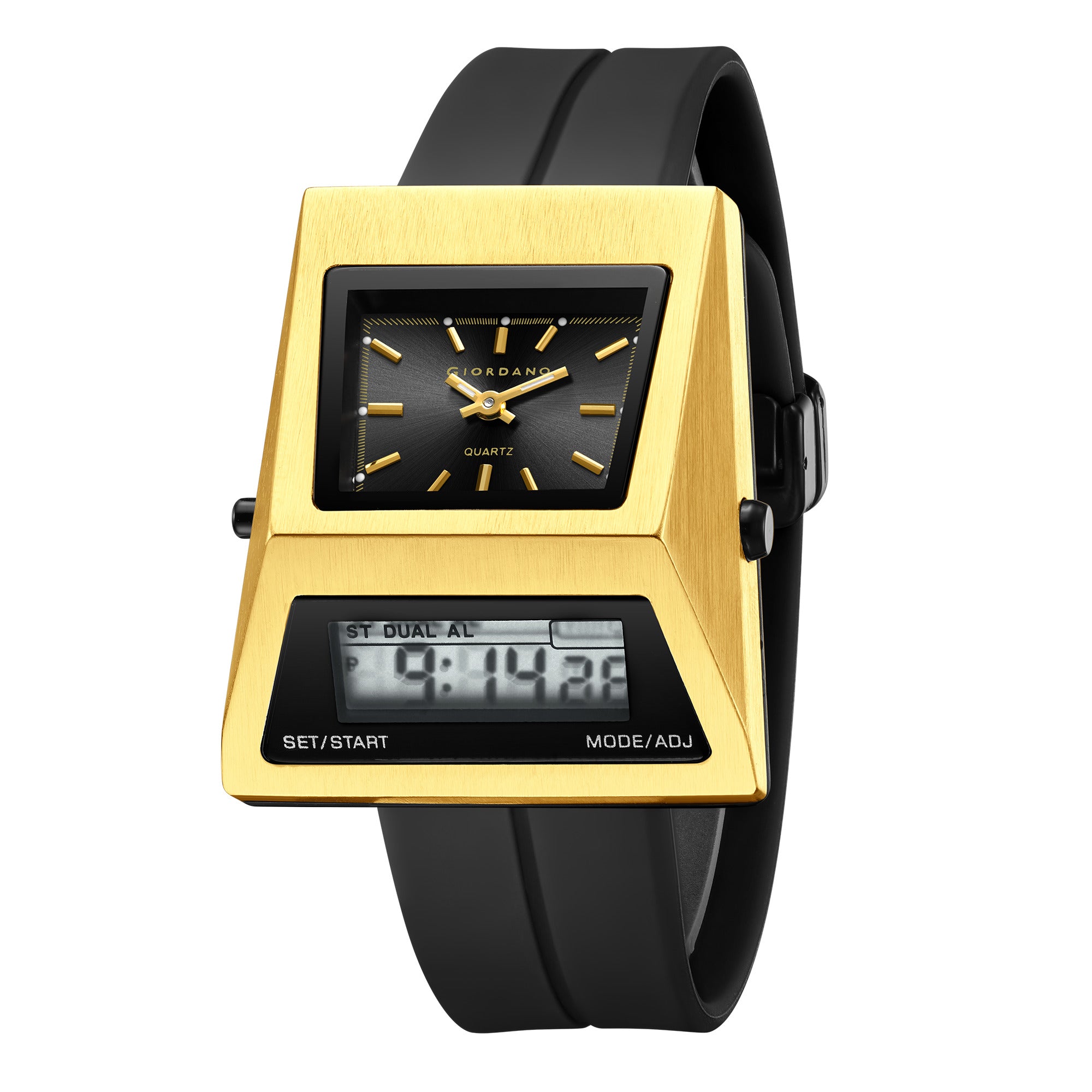 Giordano Analog Digital Watch for Men with Triangle Shape Black Dial, Dual Time Display, Black Silicone Strap - GZ-50205-01