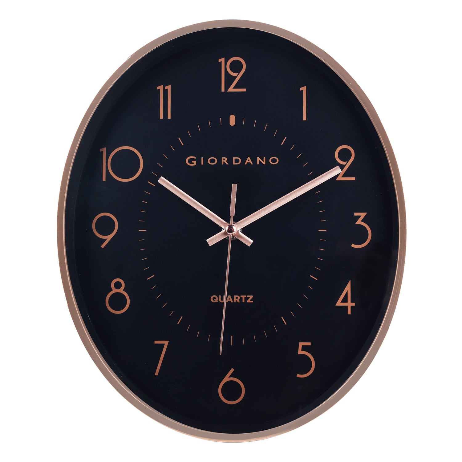 Giordano Wall Clock, Silent Sweep Non-Ticking Quartz Movement, Black Dial, Rose Gold Oval Plastic Frame, Metal Hand - GDCLTY1001RGBLK