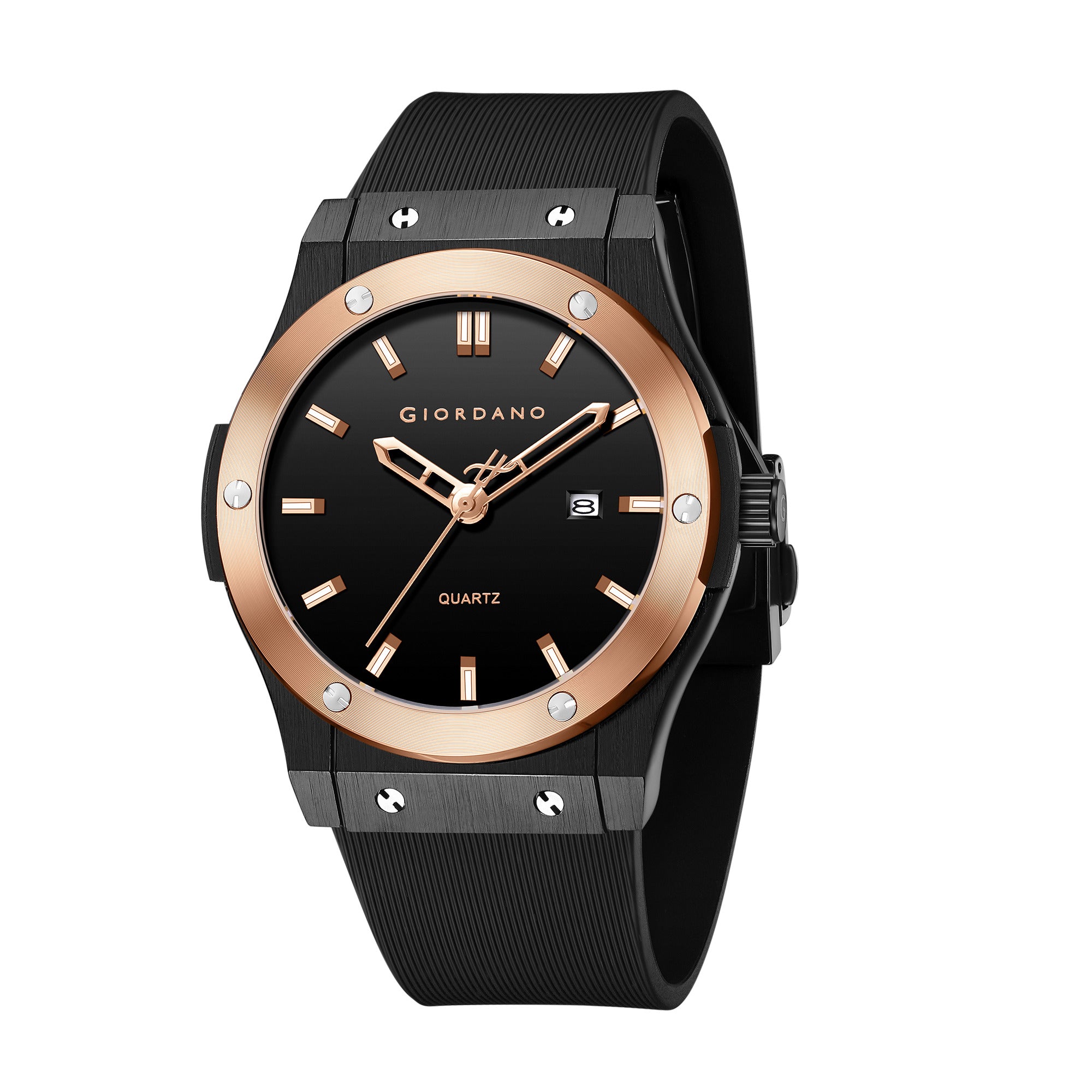 Giordano Analog Watch for Men with Round Black Dial, Date Function, Luminous Hour Markers, Black Textured Silicone Strap - GZ-50208-03