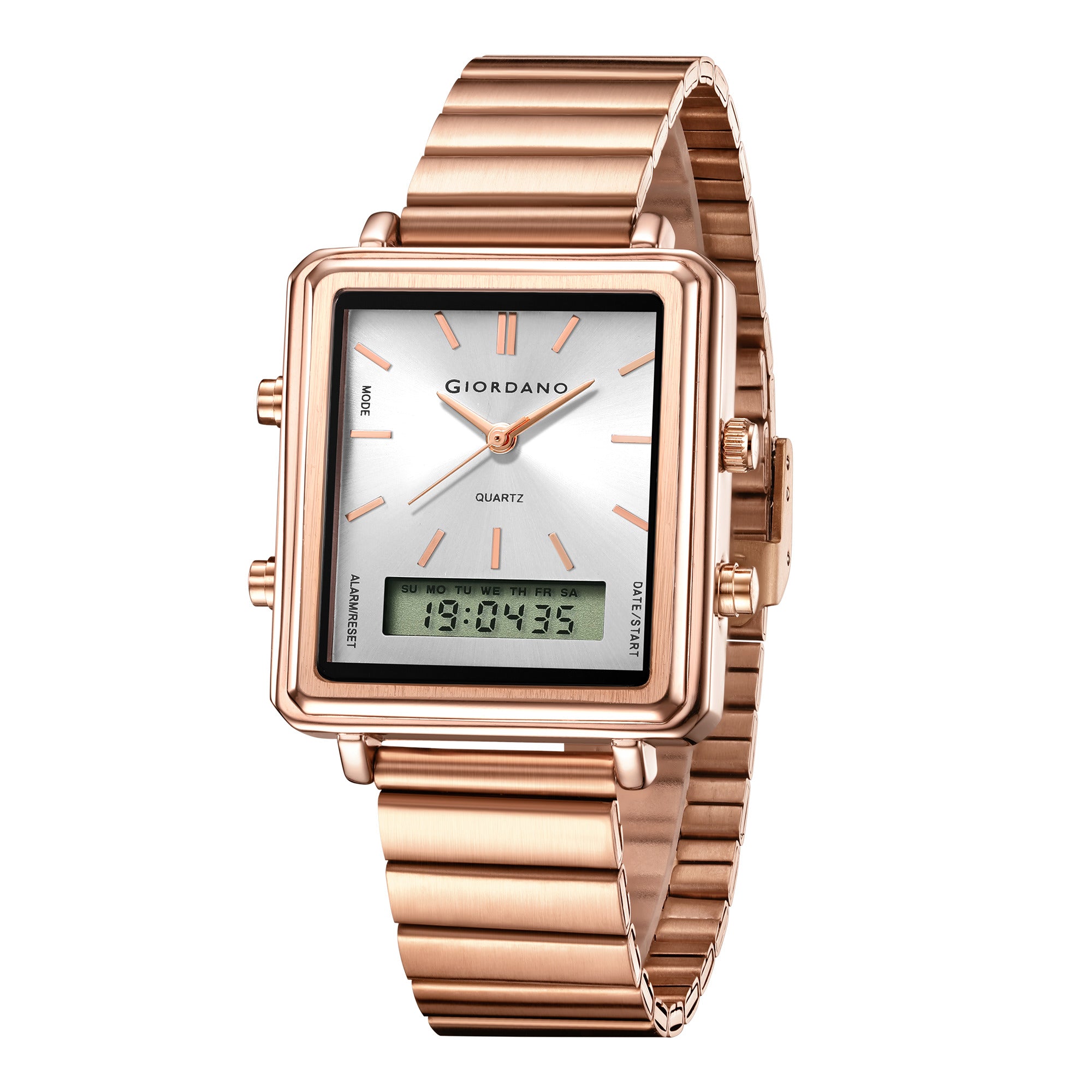 Giordano Analog Digital Watch for Men with Square White Dial, Dual Time Display, Rose Gold Stainless Steel Strap - GZ-50210-77