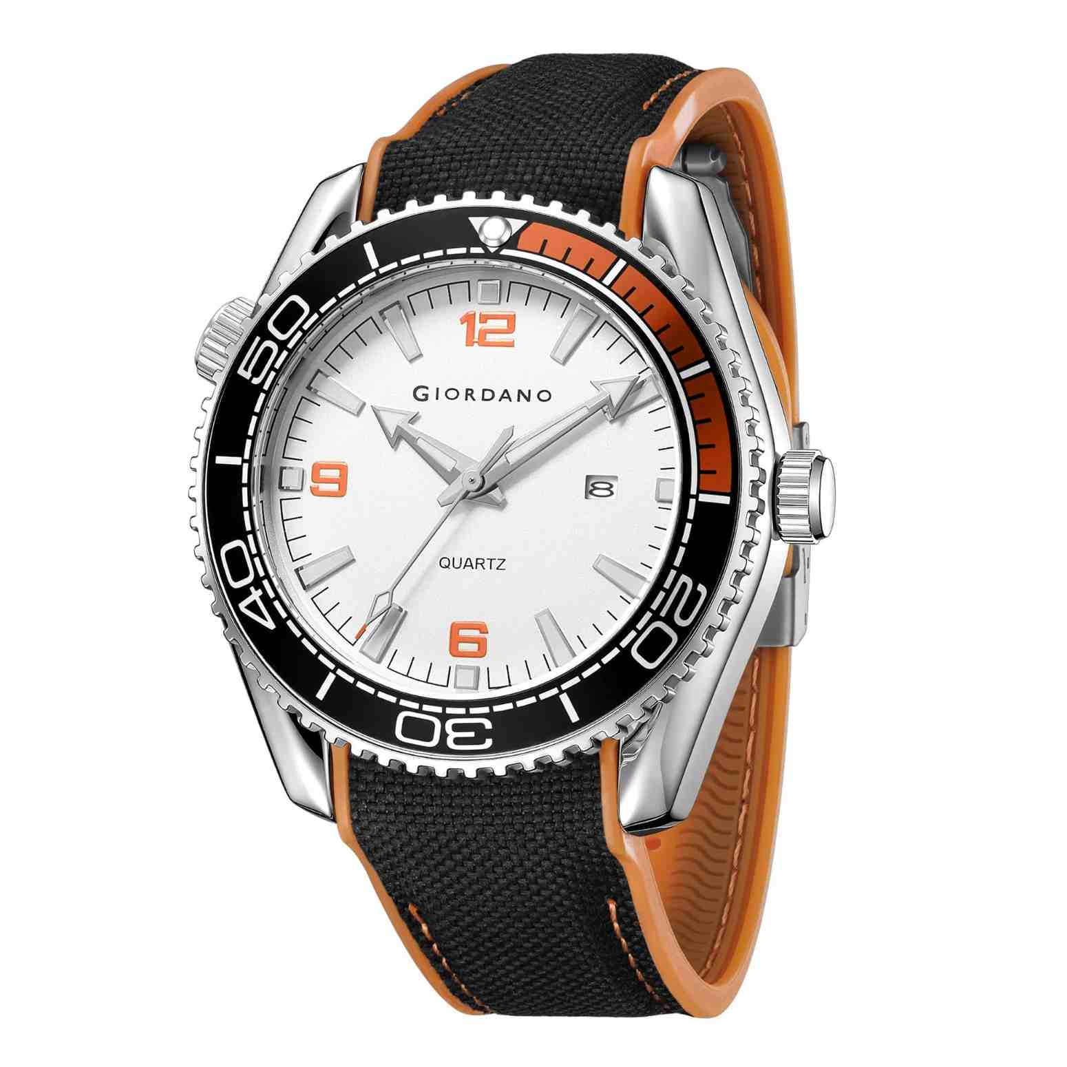 Giordano Analog Quartz Watch For Men – Round Dial with Rotating Bezel, Luminous Hour Markers, Silicone Strap, Date Display GZ-50159-01