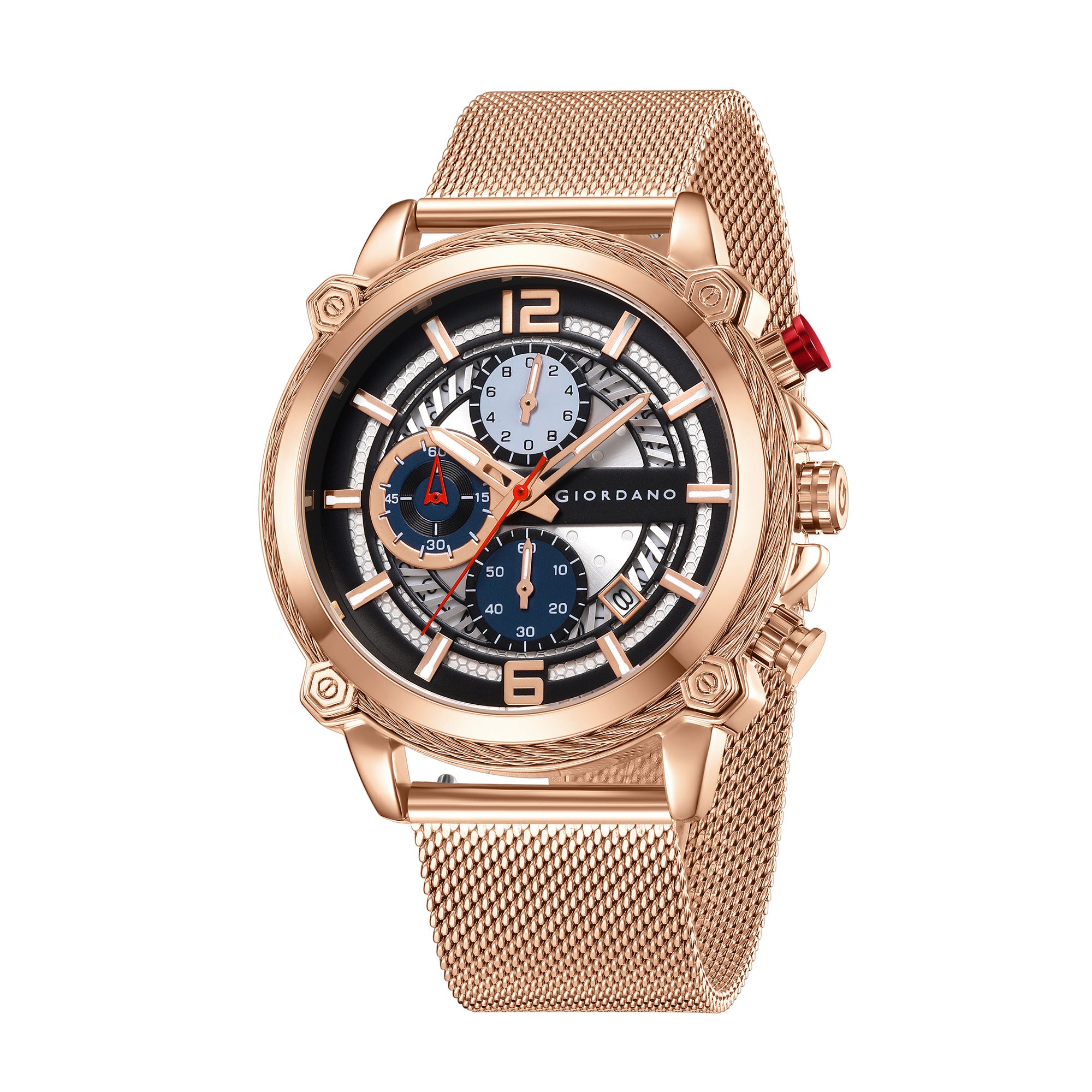 Giordano Analog Quartz Watch for Men with Round Textured Dial, Multifunction Sub-Dials, Date Display and Rose Gold Mesh Stainless Steel Strap - GZ-50039-44