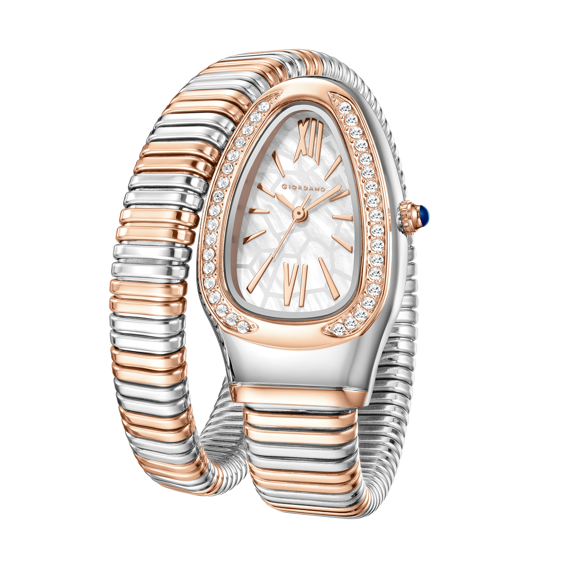 Giordano Serpentine Collection Analog Quartz Watch for Women with White Geometric-Textured Dial, Crystal-Studded Bezel, Roman Numerals & Snake-Style Wrap-Around Stainless Steel Strap - GZ-60189-44
