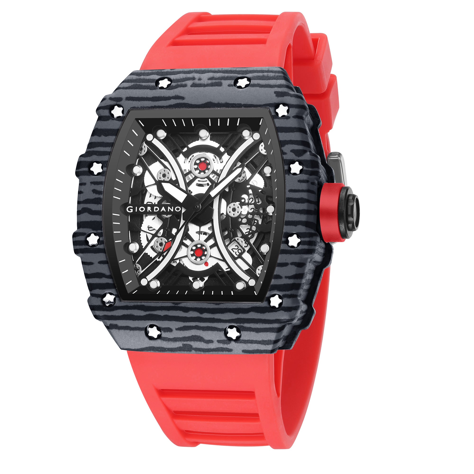 Giordano Analog Square Watch for Men with Skeleton Design, Rugged Textured Case, Luminous Hands, and Silicone Strap - GZ-50180-33