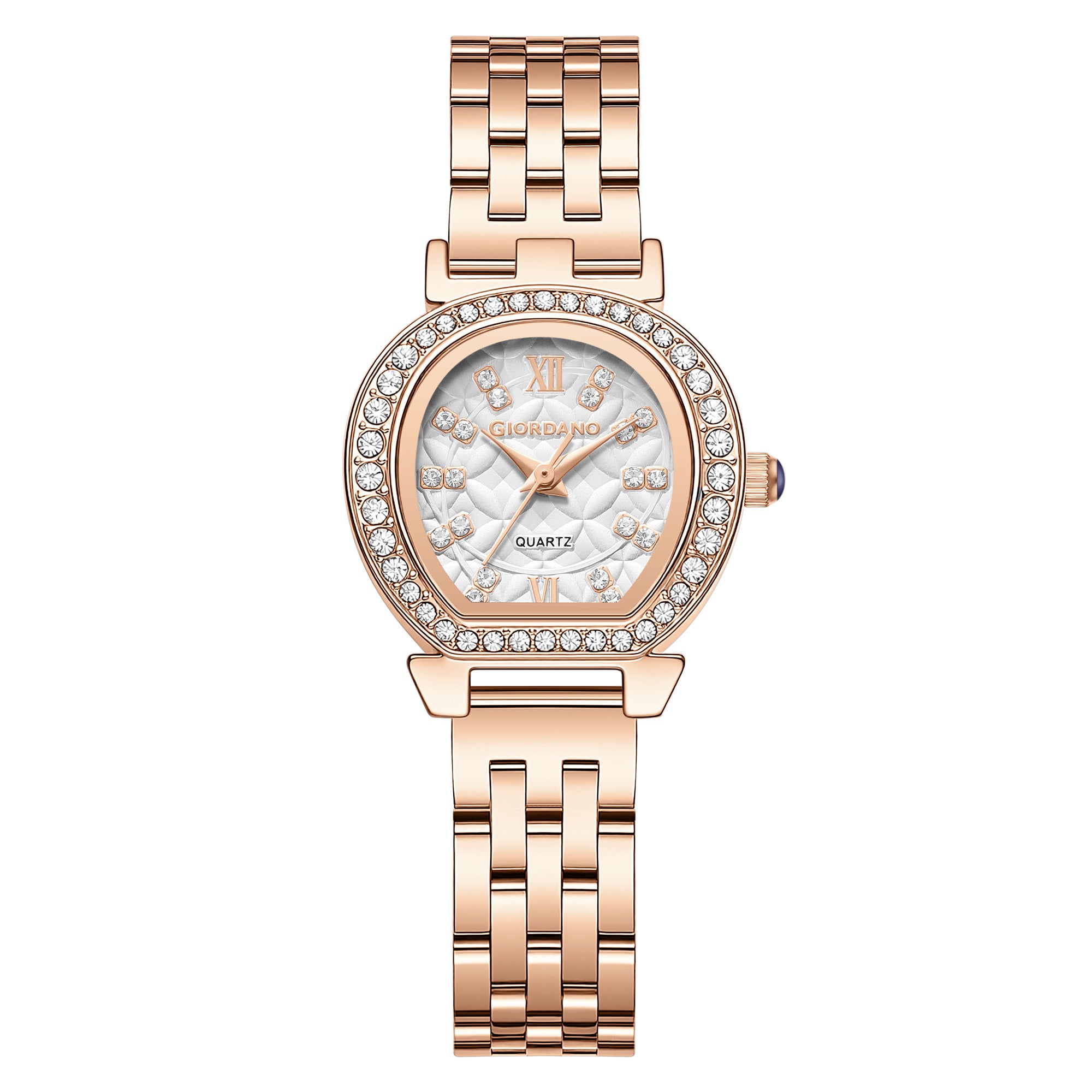 Giordano Analog Quartz Watch for Women with Bangle Set Texured Oval White Dial, Roman Indices, Blue Crown, Crystal Studded Hour Markers and Bezel, Rose Gold Stainless Steel Strap - GZ-60154-11