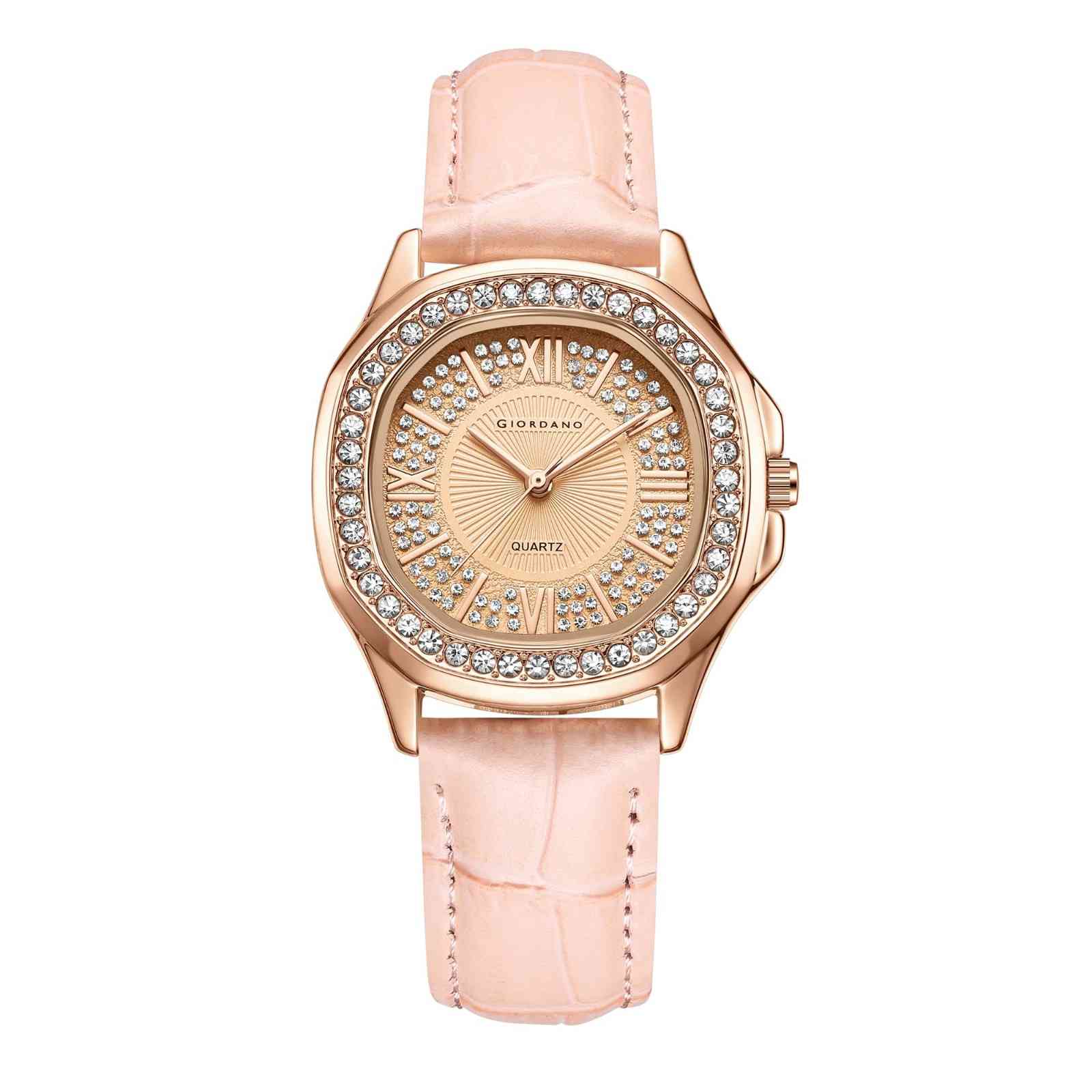 Giordano Luxury Analog Watch for Women with Crystal-Studded Bezel & Leather Strap – Octagonal Case, Elegant Quartz Wristwatch GZ-60141-33