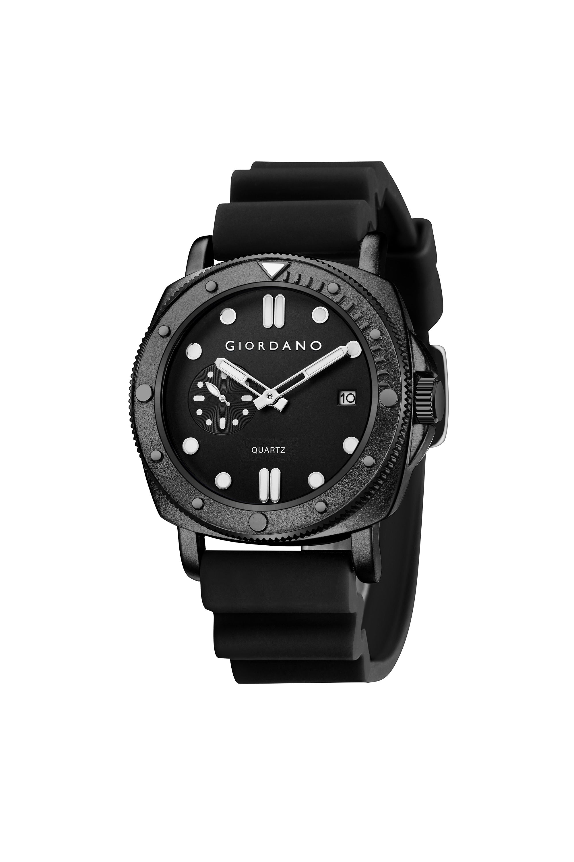 Giordano Analog Quartz Watch for Men with Round Dial, Luminous Hours Markers, Date Display, Small Seconds Sub-Dial and Wavy Pattern Silicone Strap - GZ-50214-01