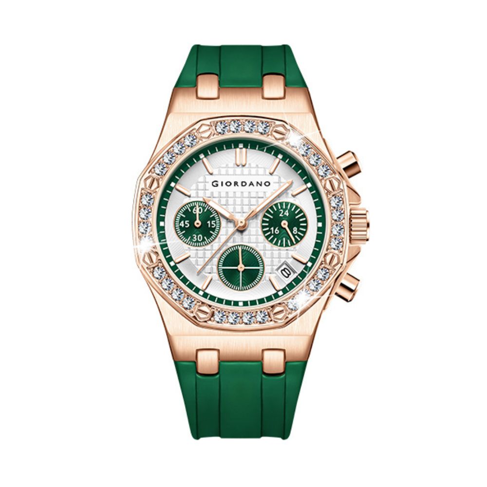 महिलाओं के लिए जिओर्डानो क्रोनोग्राफ घड़ी | स्टेनलेस स्टील केस, क्रिस्टल बेज़ेल | आरामदायक सिलिकॉन स्ट्रैप के साथ आधुनिक और स्टाइलिश टाइमपीस | GZ-50154-33