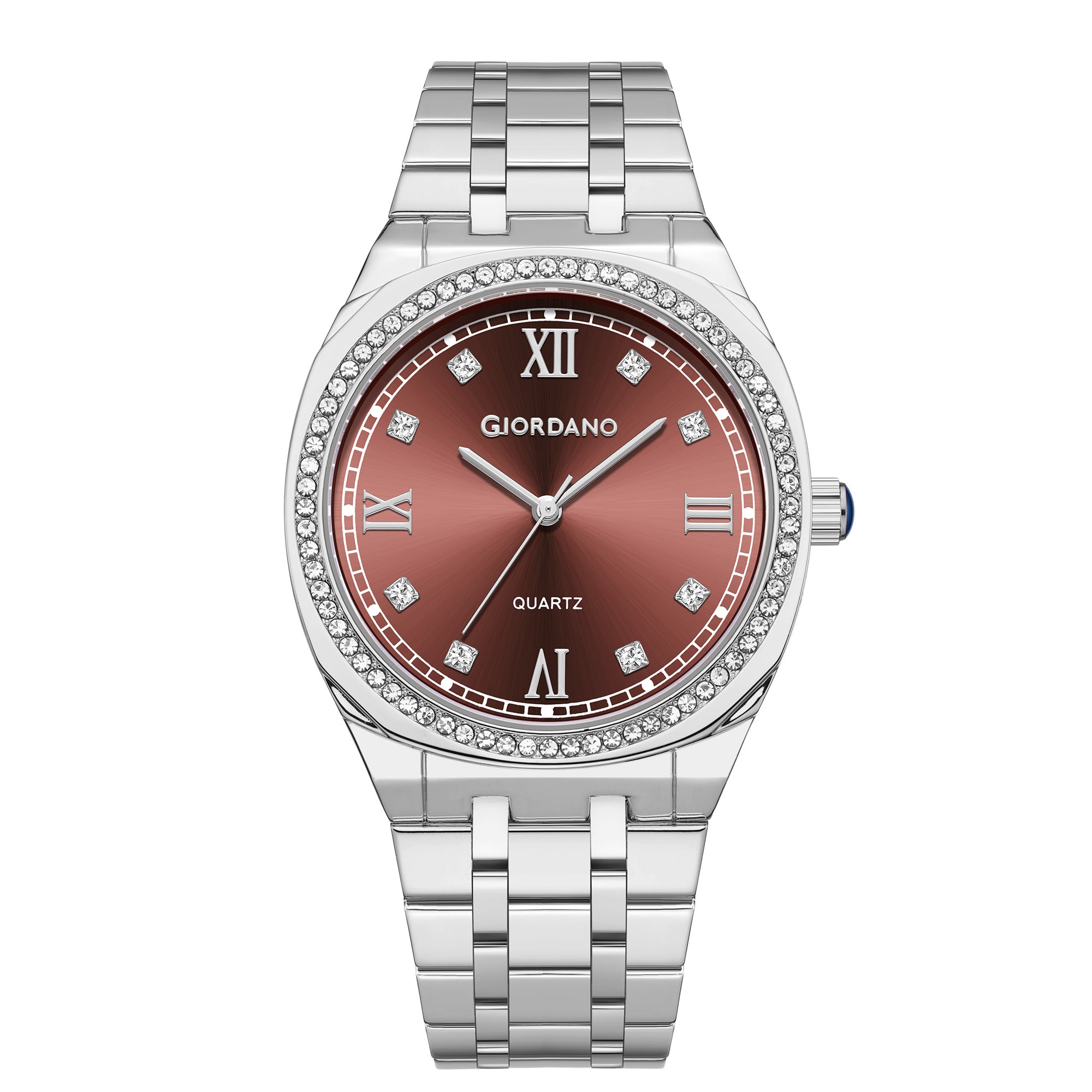 Giordano Analog Quartz Watch for Men with Round Brown Dial, Roman Indices, Blue Crown, Crystal Studded Hour Markers and Bezel, Silver Stainless Steel Strap - GZ-50216-22