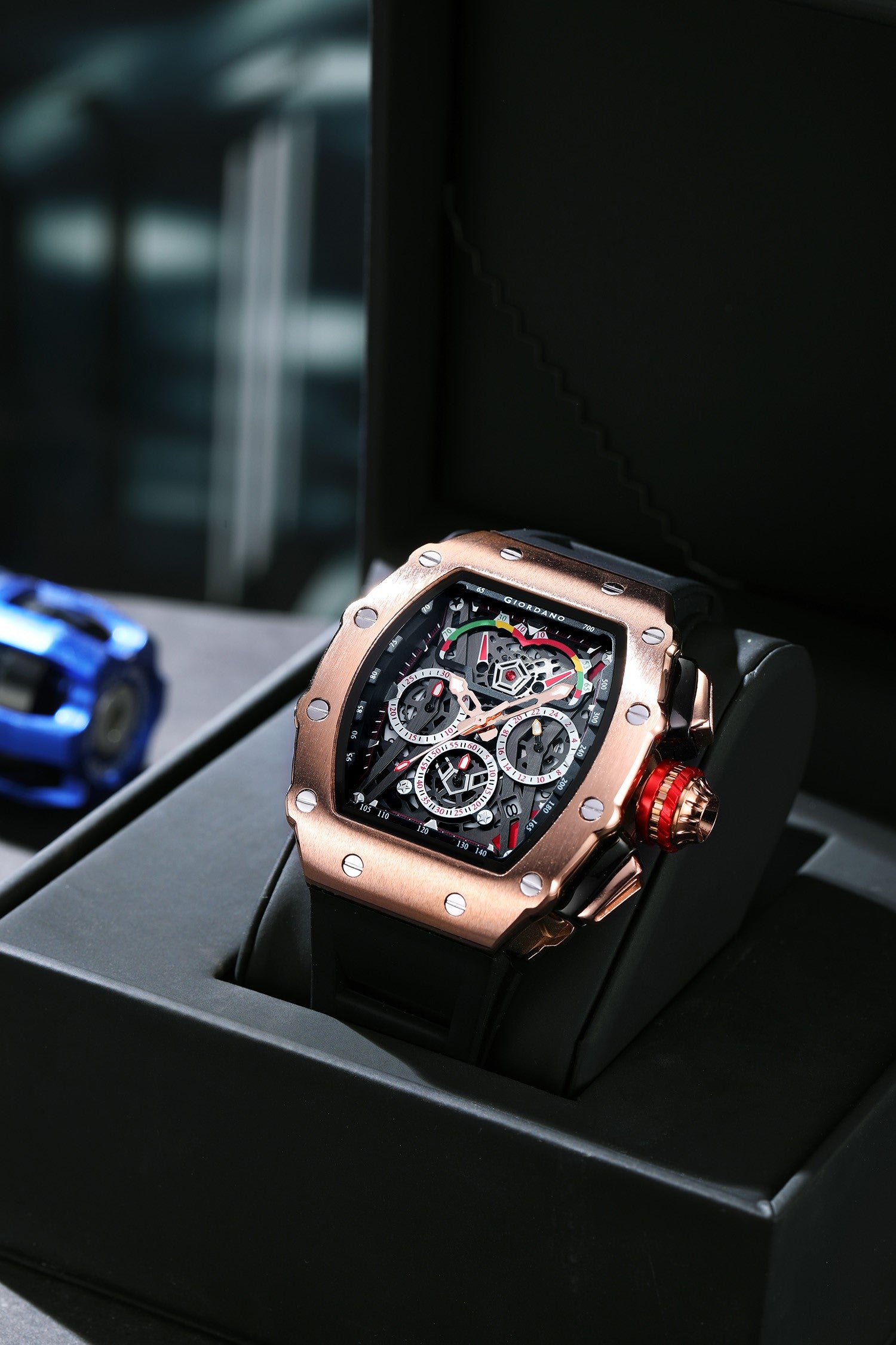 Giordano SPYDER Multifunction Watch - with Day, Date, and 24-Hour Sub-Dials | Water Resistant Square dial Unique Design Wrist Watch for Man | Best Gift for Males - GZ-50120-02