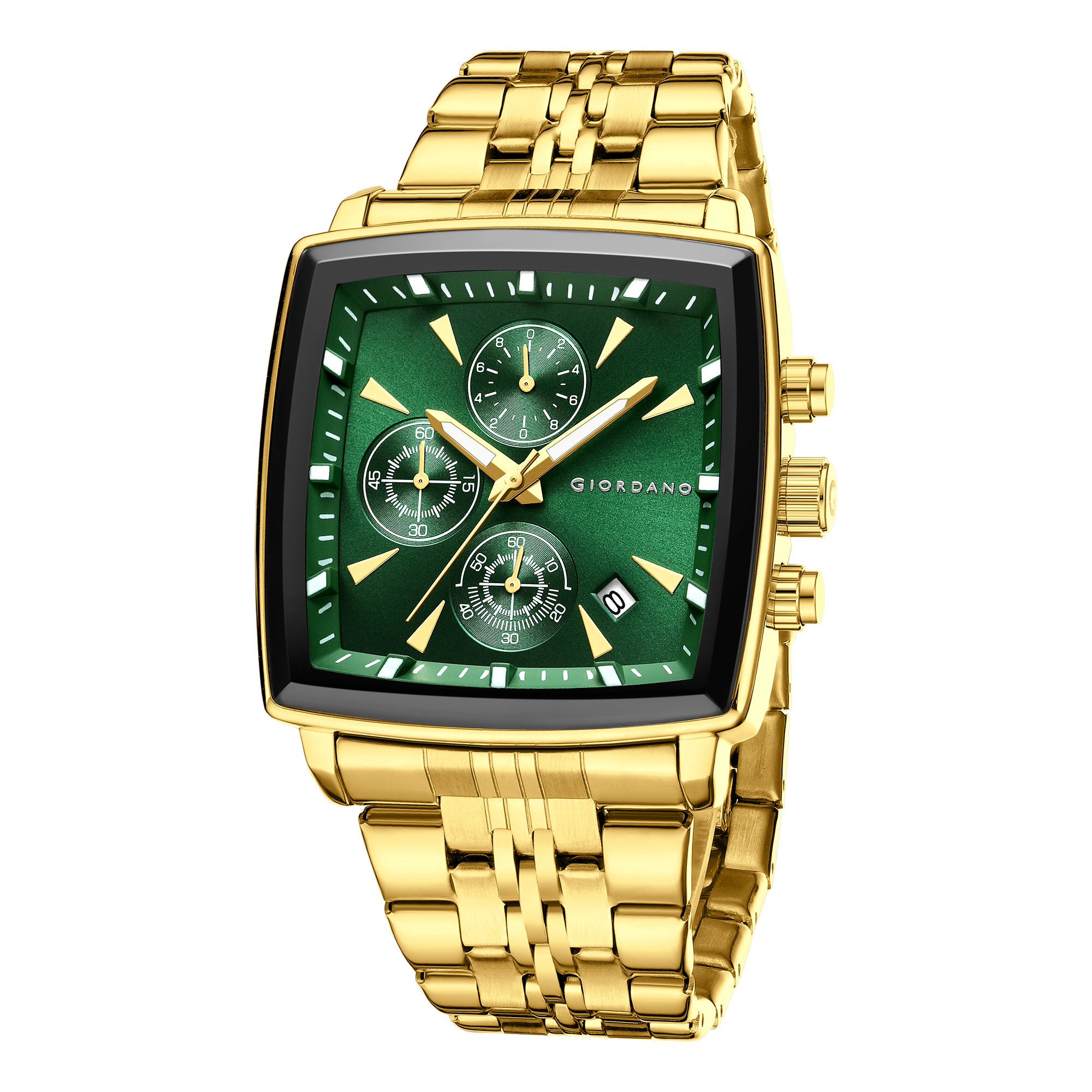 Giordano Multi Function Watch For Men With Square Green Dial, Gold Stainless Steel Strap And Date Display GZ-50138-66