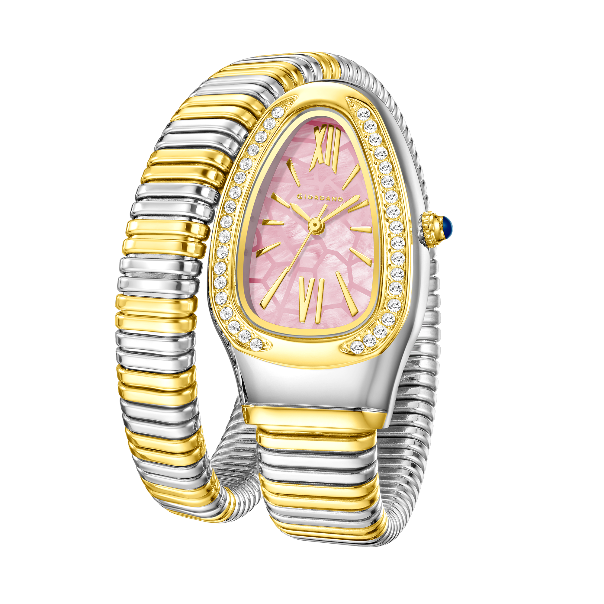 Giordano Serpentine Collection Analog Quartz Watch for Women with Pink Geometric-Textured Dial, Crystal-Studded Bezel, Roman Numerals & Snake-Style Wrap-Around Stainless Steel Strap - GZ-60189-66