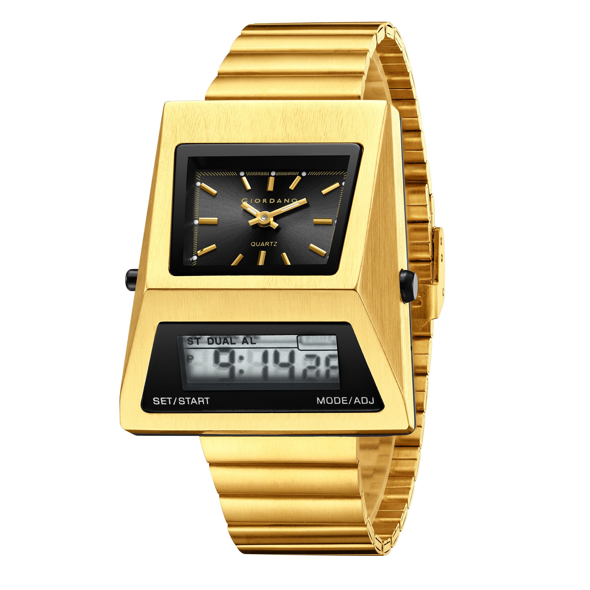 Giordano Analog Digital Watch for Men with Triangle Shape Black Dial, Dual Time Display, Gold Stainless Steel Strap - GZ-50205-22